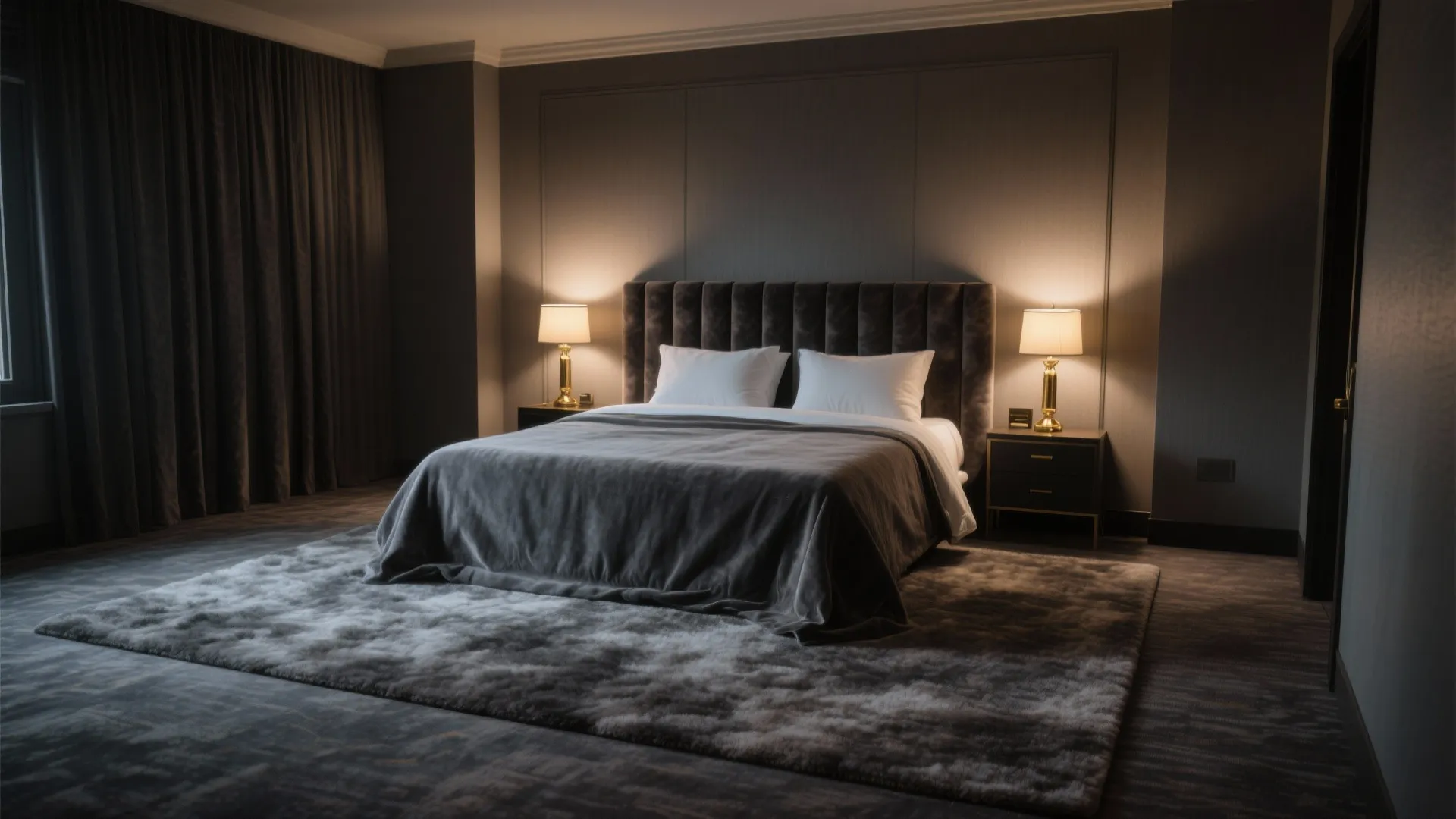 Luxury dark bedroom featuring a large grey bed with two bedside table lamps and soft rug