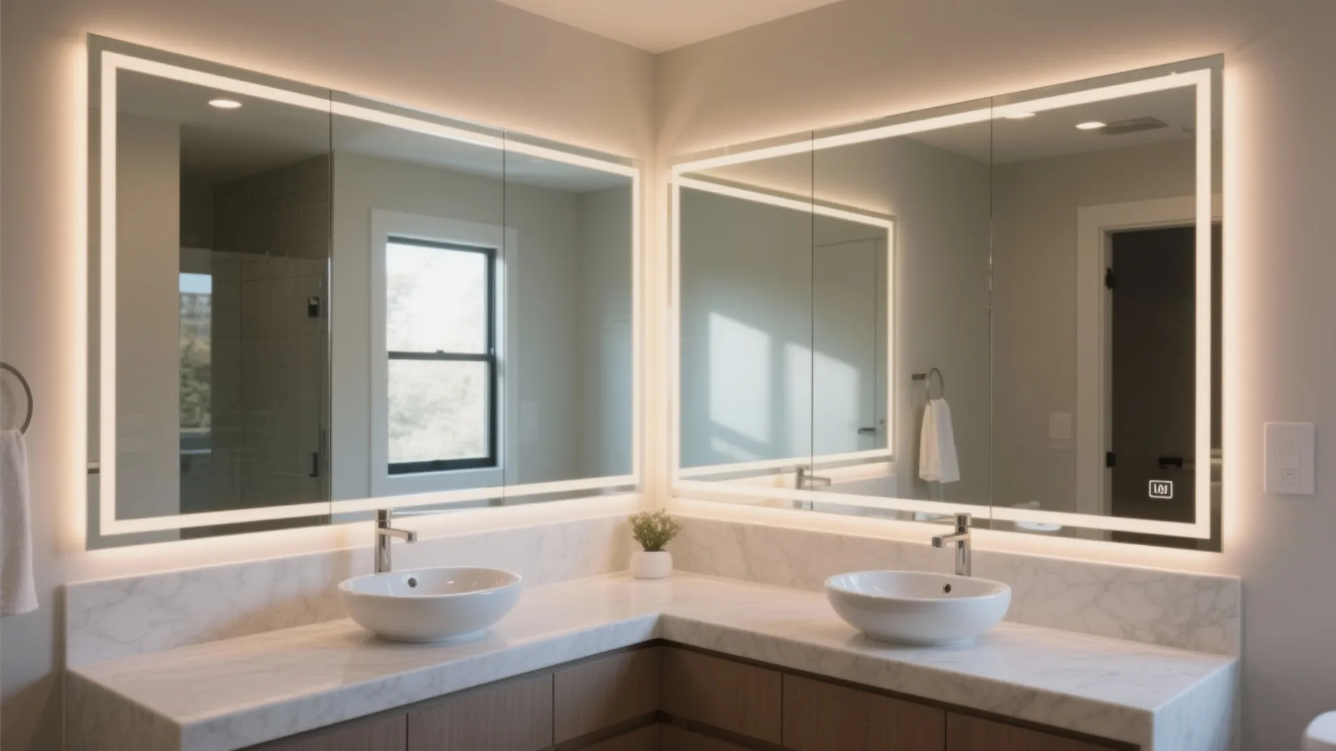 Corner bathroom vanity featuring large lighted wall mirrors above marble countertop and two white sinks