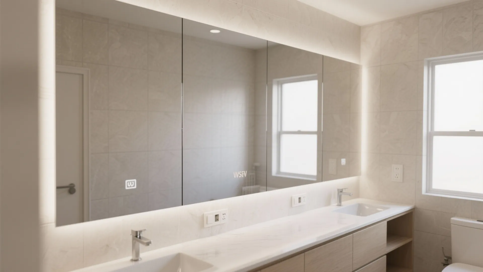 Wall-to-wall bathroom mirror above a long vanity creating a wider visual feel.