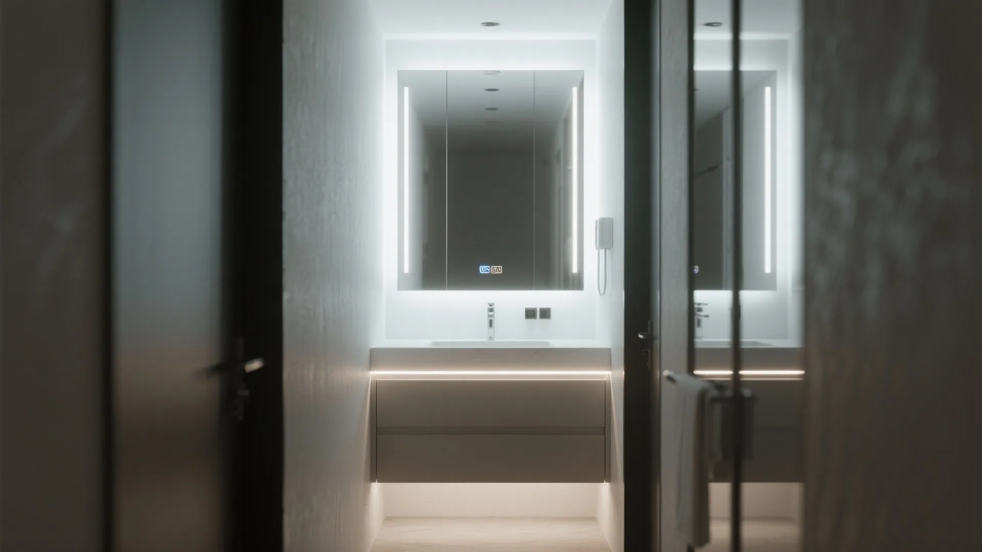 Modern bathroom vanity with a large lit mirror white sink and dark grey wall cabinet