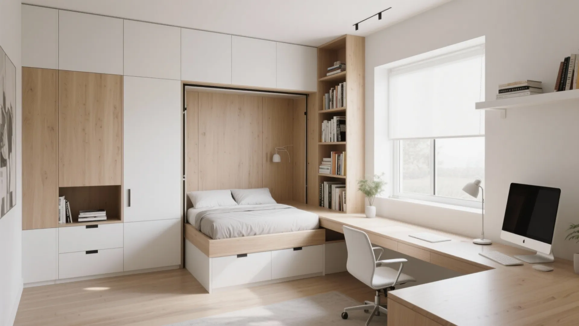 Wall-to-wall Murphy bed with bookshelves and storage in a modern office