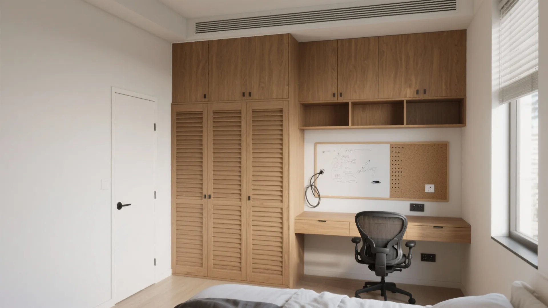 Modern bedroom study area featuring wooden wardrobe with shutters integrated desk black chair and white walls