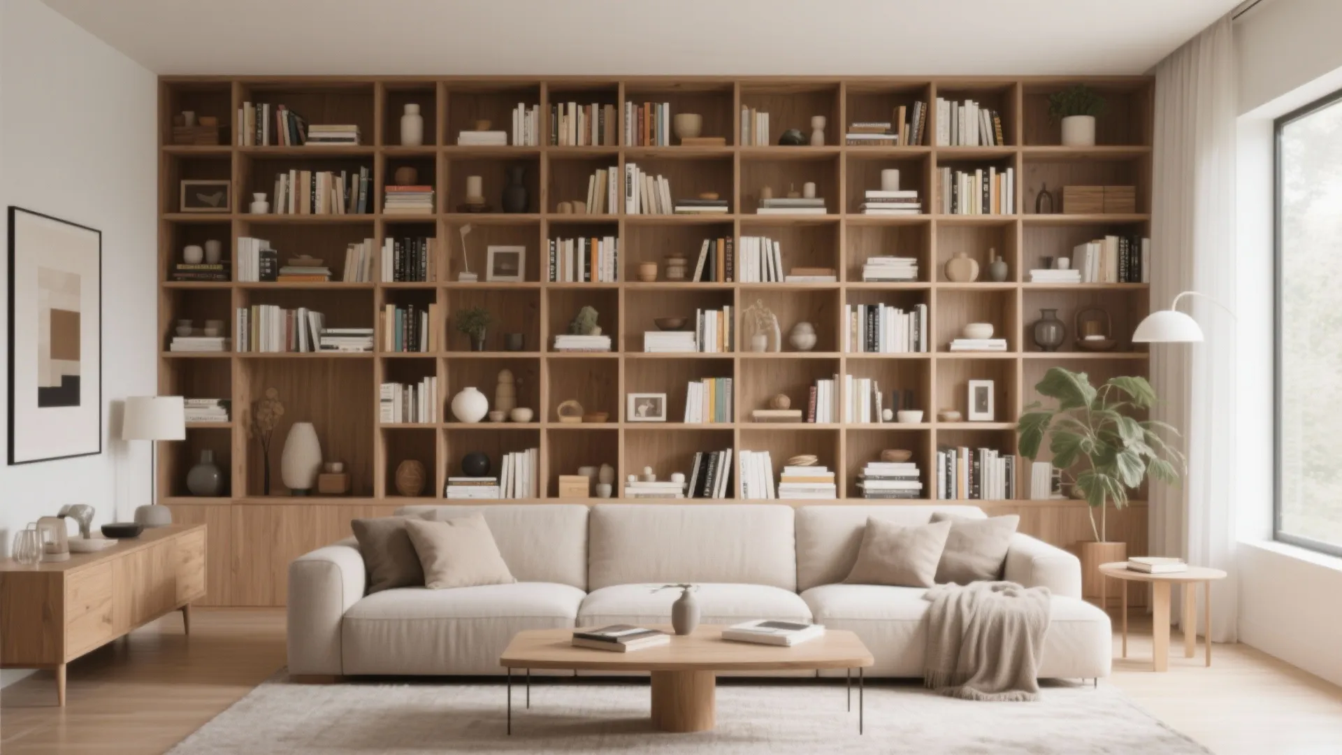 Large wooden wall bookshelf behind a white sofa with a wooden coffee table and indoor plant