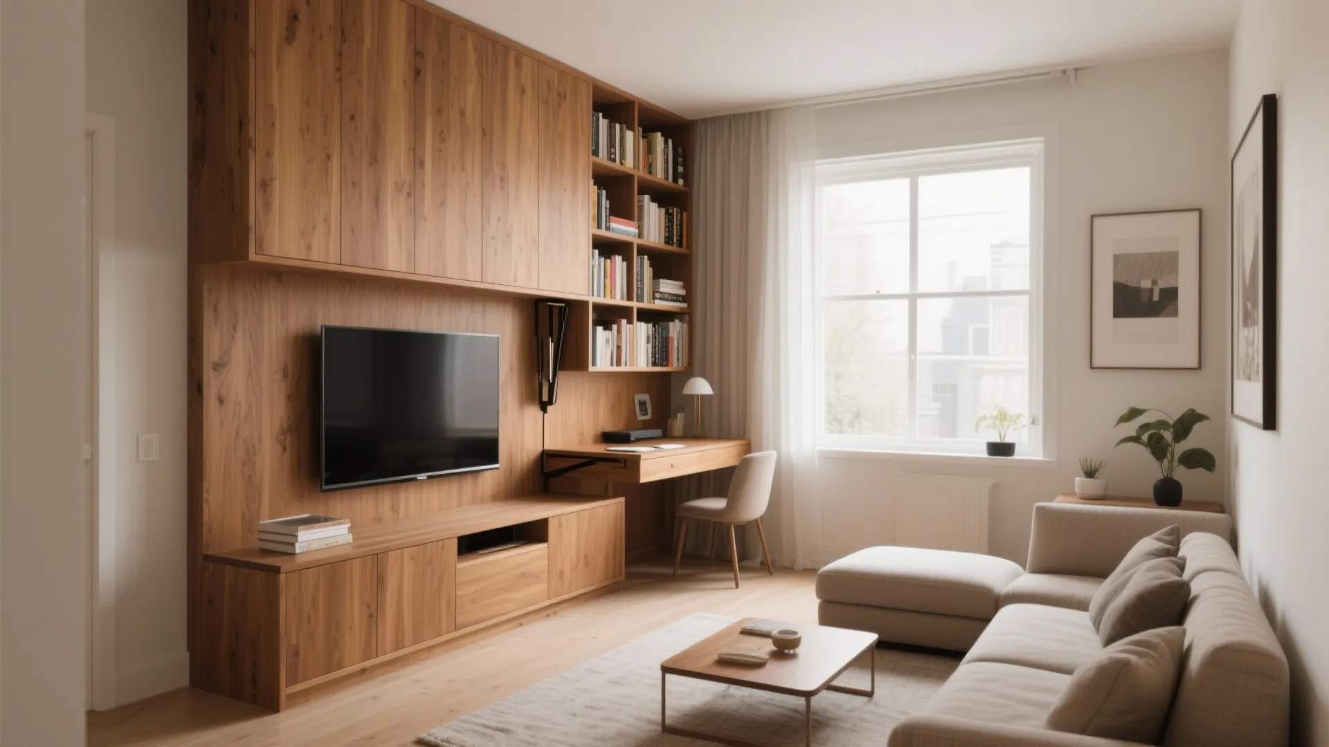 Full wall built-in storage unit with TV in living room