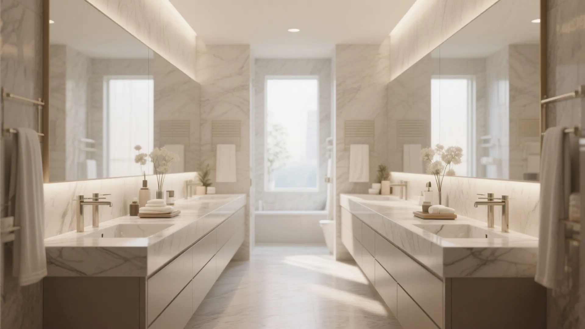 Symmetric bathroom layout with long marble countertops double sinks large mirrors and warm wall panel lighting