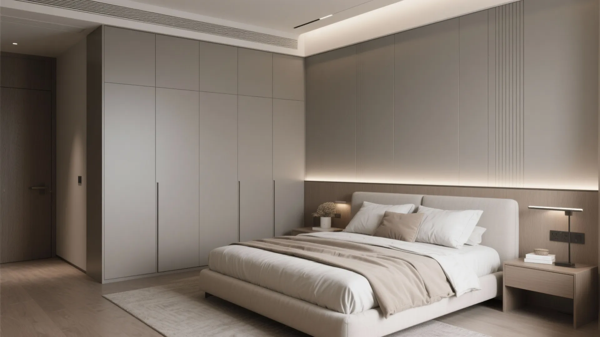 Modern master bedroom featuring large grey cabinet wall panel with hidden lights and wooden bedside tables