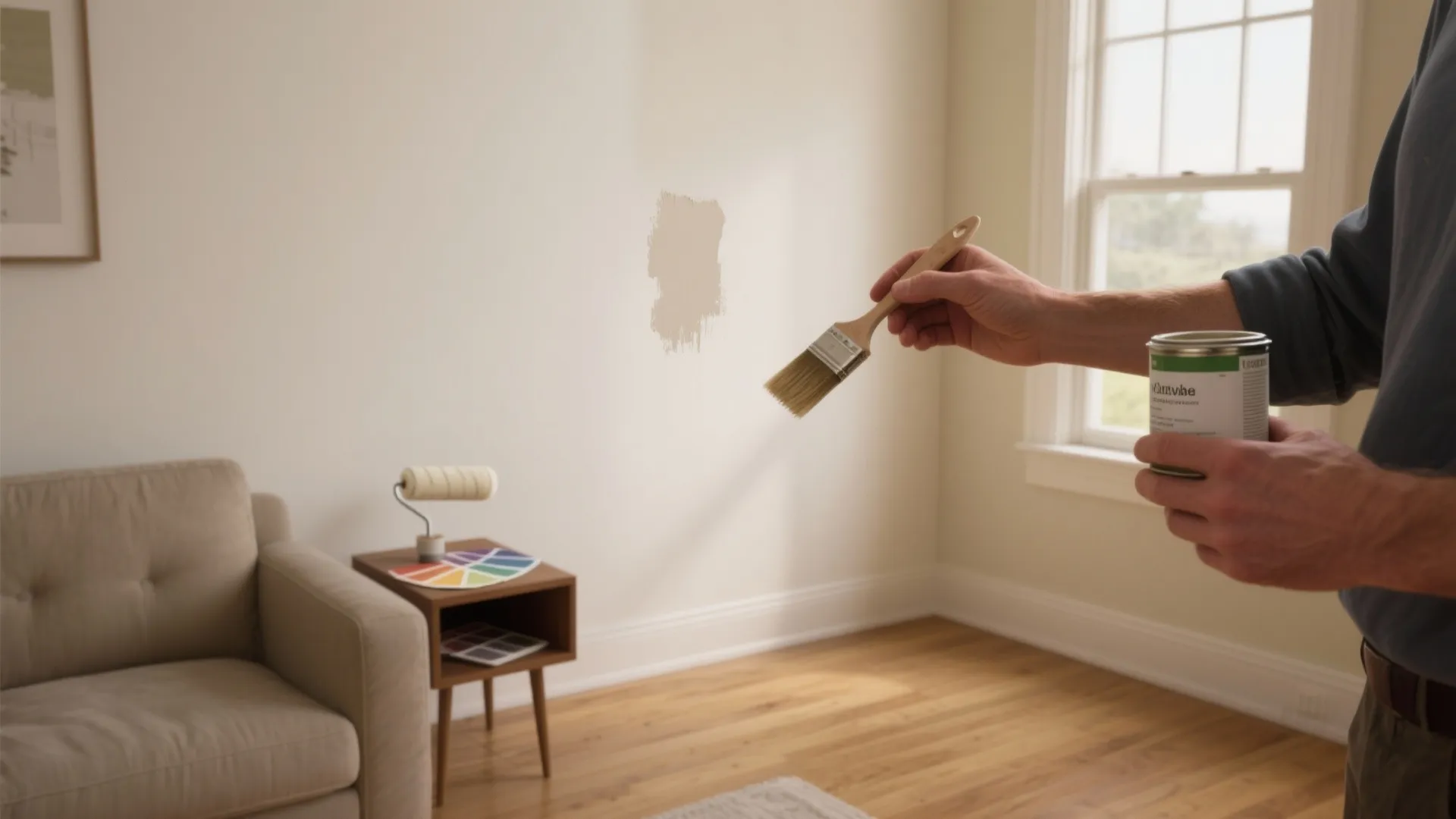 Person holding paint brush and can to touch up small spot on white living room wall