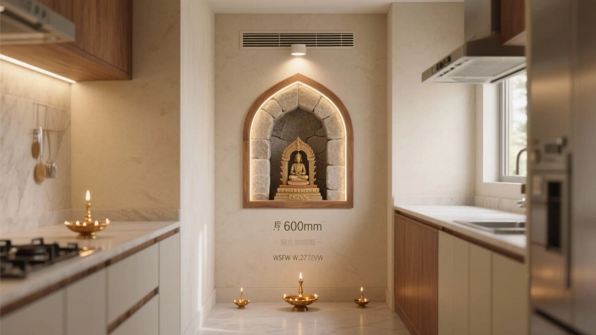 A Wall-Mounted Shrine Tower with Warm Light and Vent