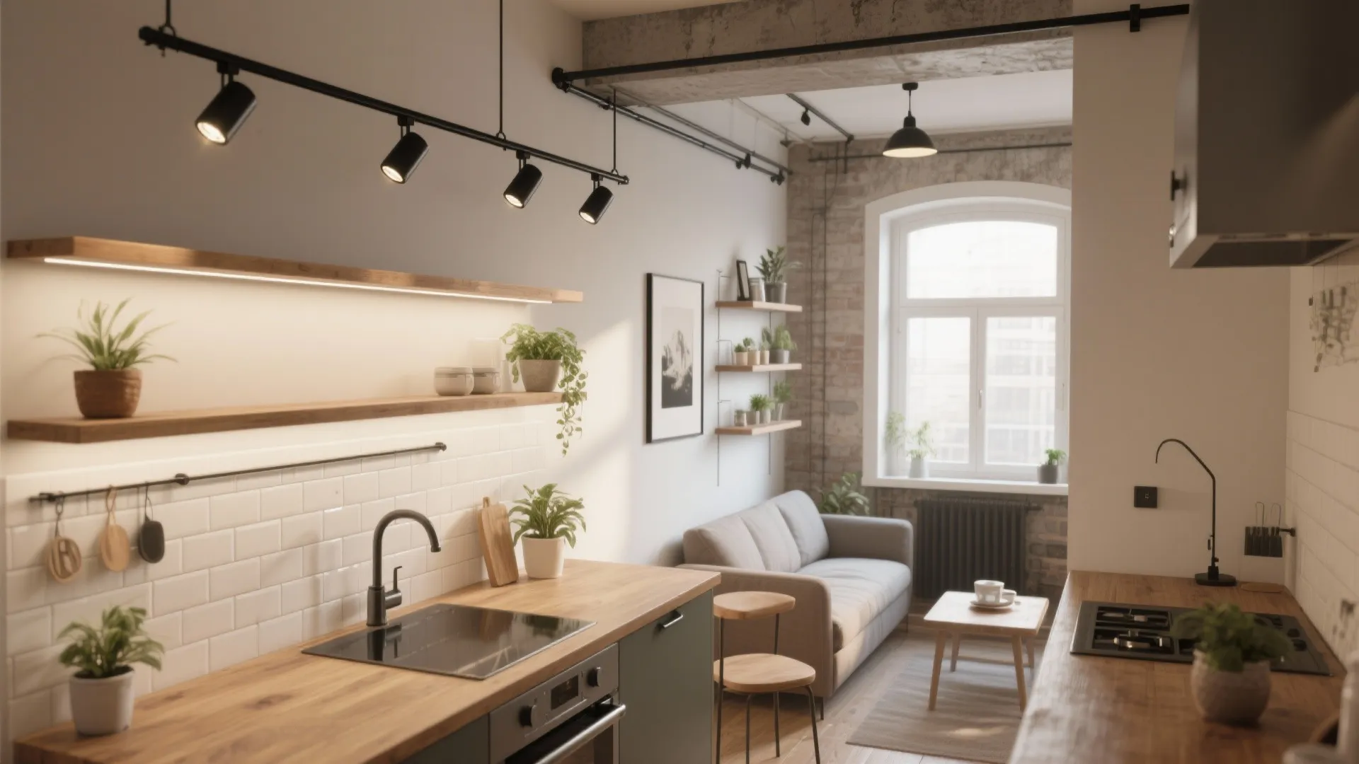 Modern kitchen with wood countertop black sink ceiling track light sofa and small wooden table