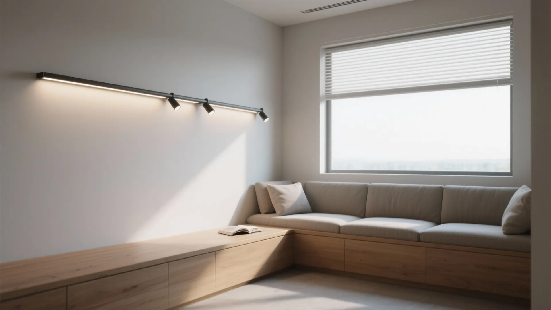 Modern cozy reading corner with wooden bench sofa white wall track light and large window