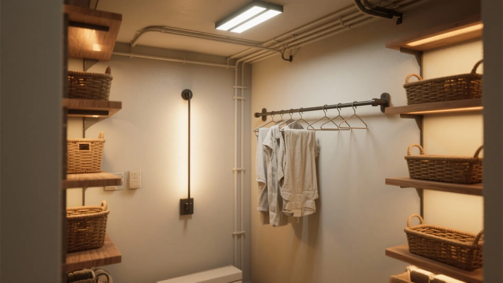 4. Slim wall lights and track lighting for vertical storage