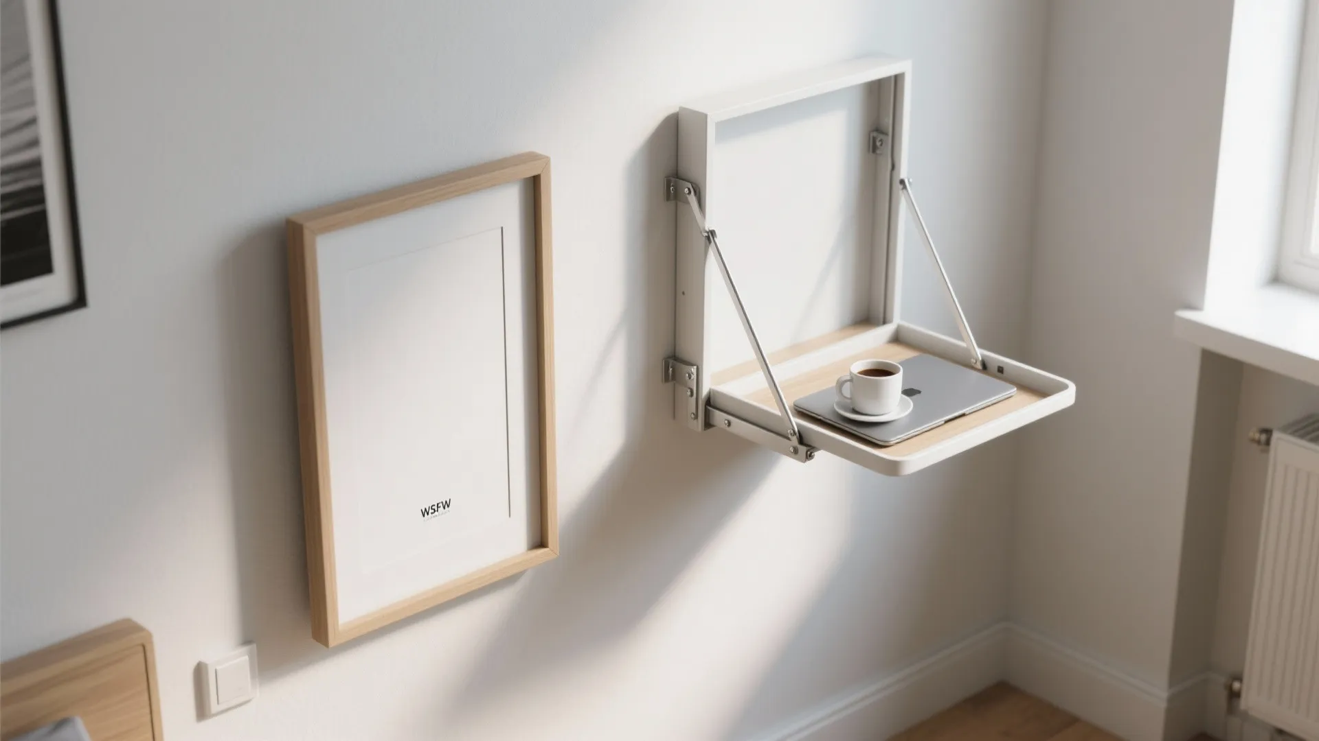 White wall mounted folding desk with a laptop and coffee cup next to wooden frame
