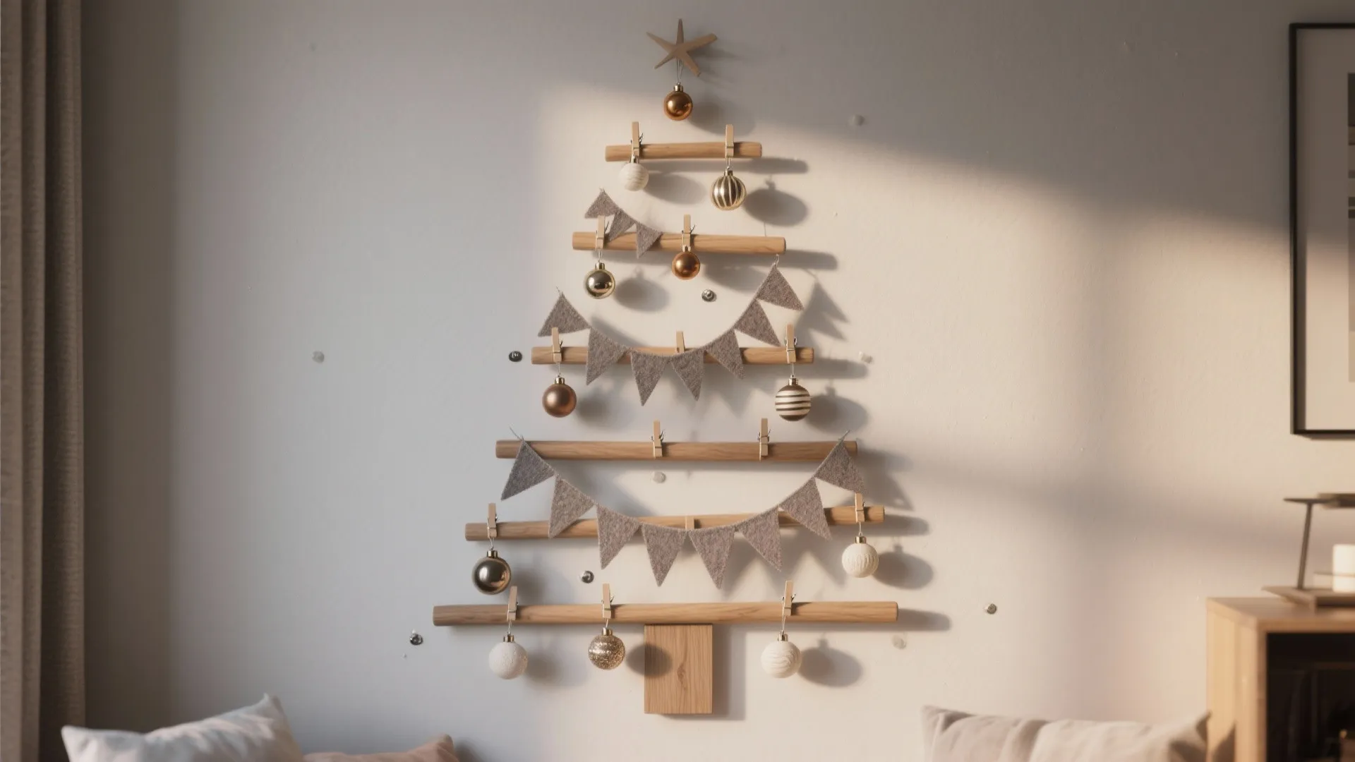 Minimalist wooden stick Christmas tree wall decoration with small flags and colorful hanging round balls