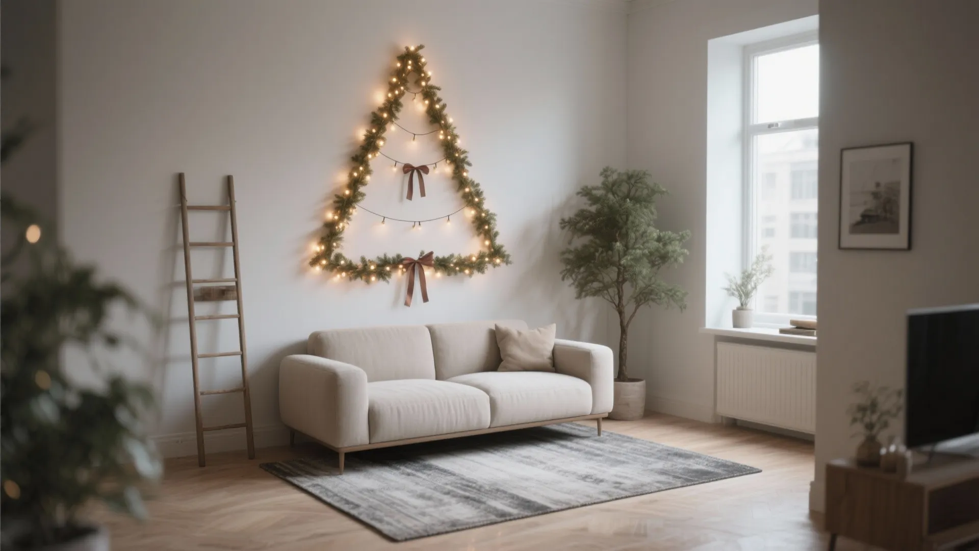 Minimalist living room with a unique Christmas tree shape made of lights on the wall