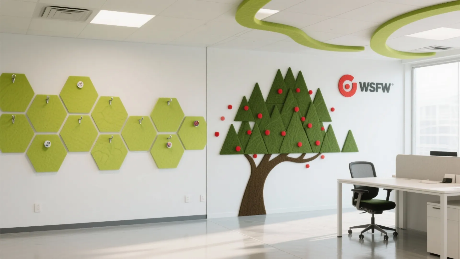 Modern white office wall featuring green hexagon panels and a tree shaped wall decoration with desk
