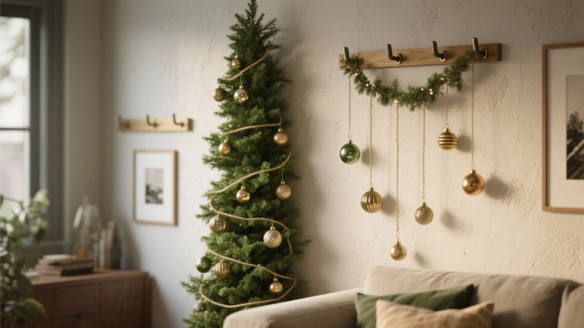 Slim Christmas tree next to wall hooks decorated with green garland and hanging gold ornaments