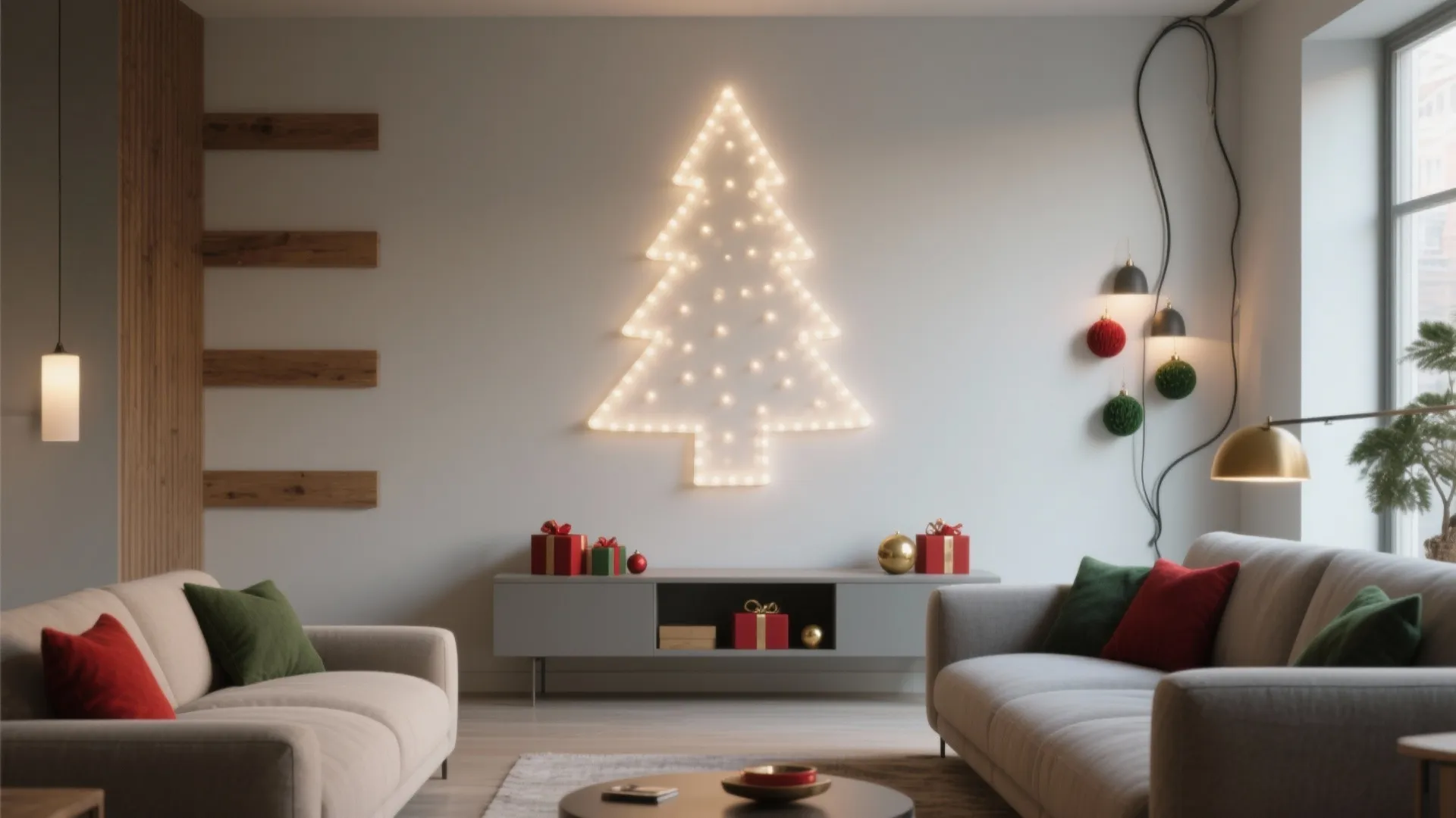 Modern living room featuring glowing Christmas tree wall light with sofa and holiday gift boxes