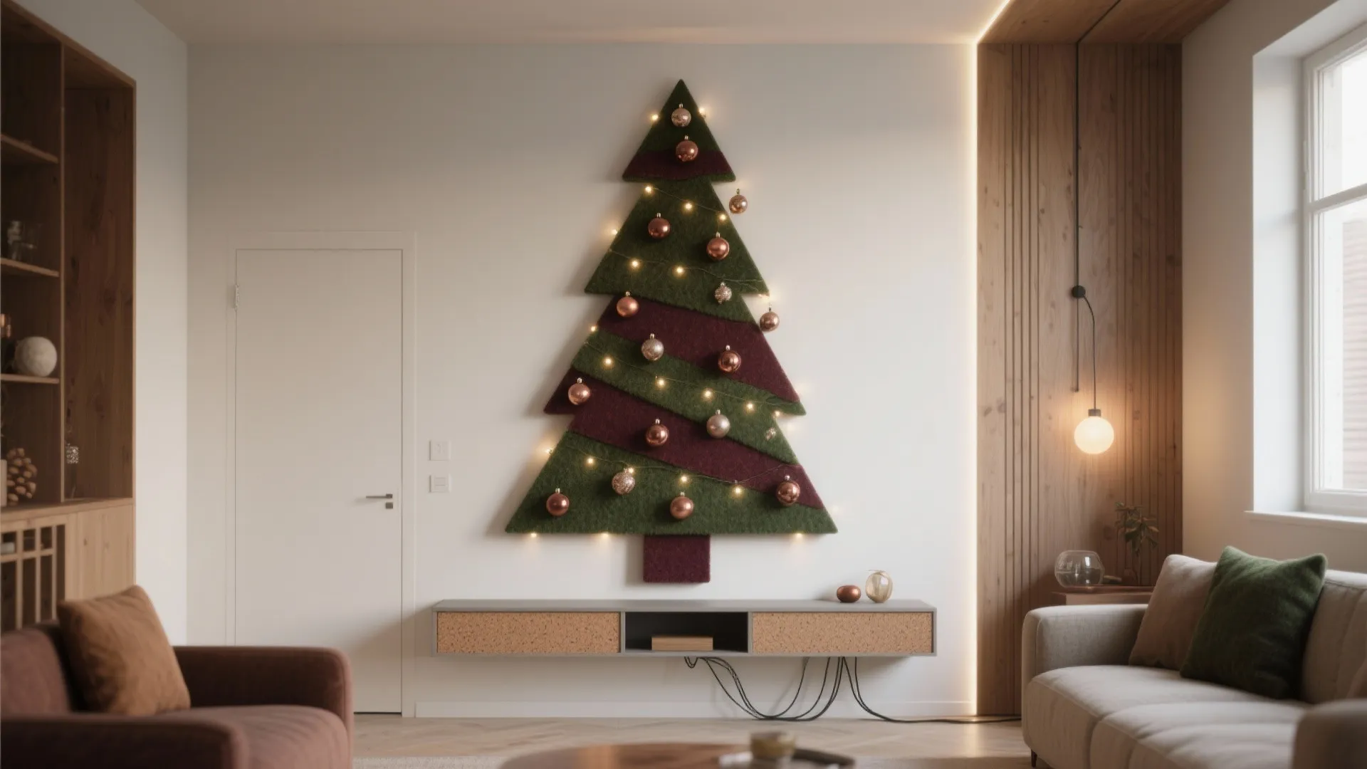 Minimalist living room with fabric wall tree decoration featuring small lights and brown sofa cushions