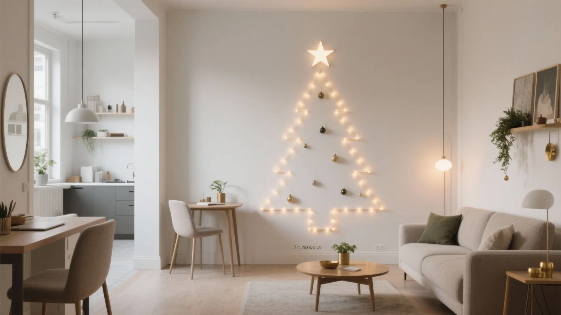 Minimalist living room with light tree on wall plus sofa and small wooden coffee table