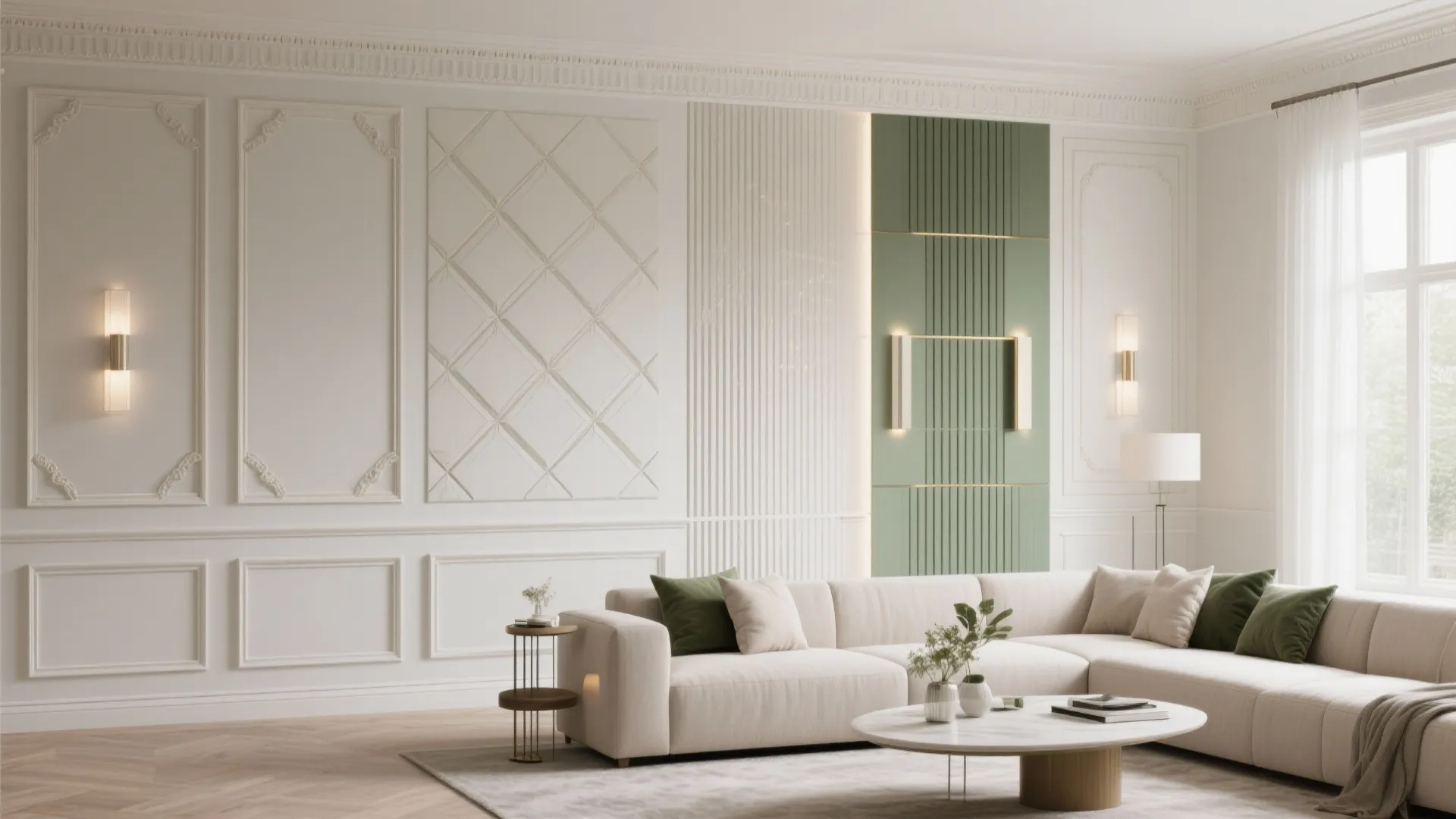 Elegant living room with white wall panel designs cream sofa green accent wall and lighting