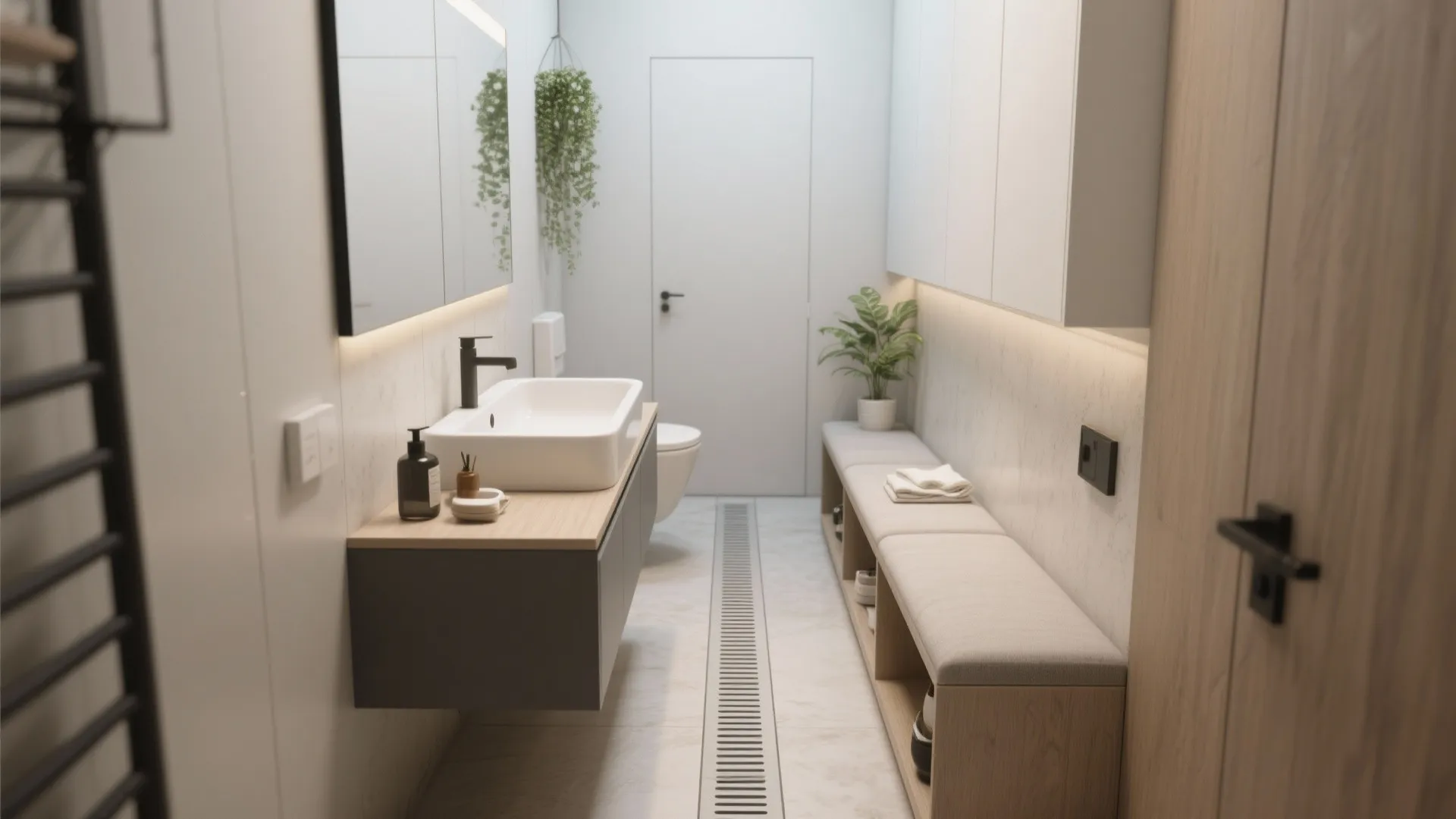 Shared tiny bathroom with a slim wall trough basin above a storage bench and contemporary finishes