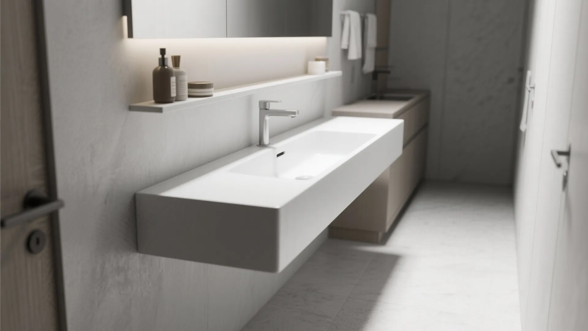 2. Wall-mounted and narrow trough sinks — shave inches without losing function
