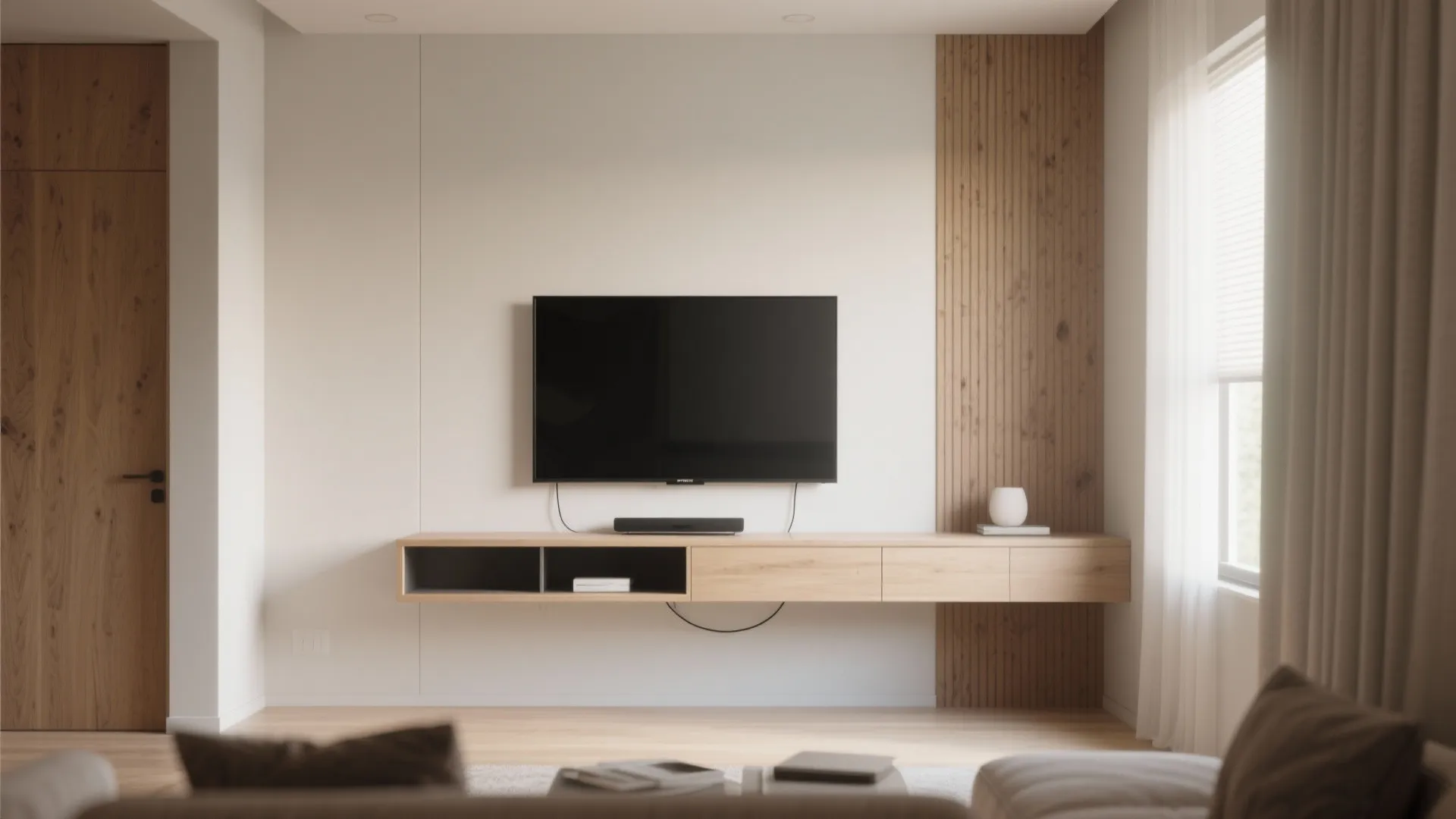 Wall-mounted TV with floating shelf in small living room
