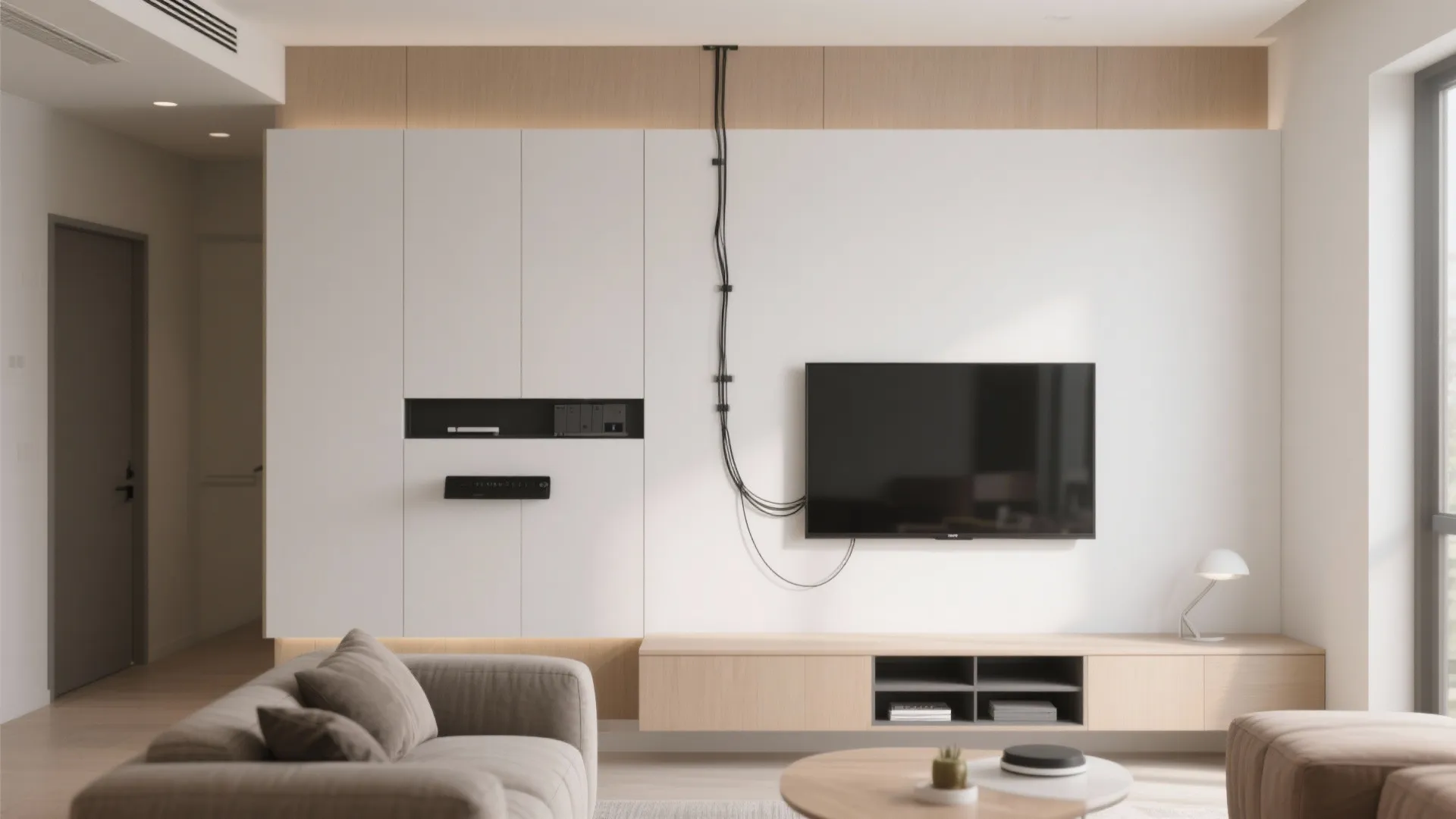 Modern living room wall with television showing visible black power cables and white wall storage