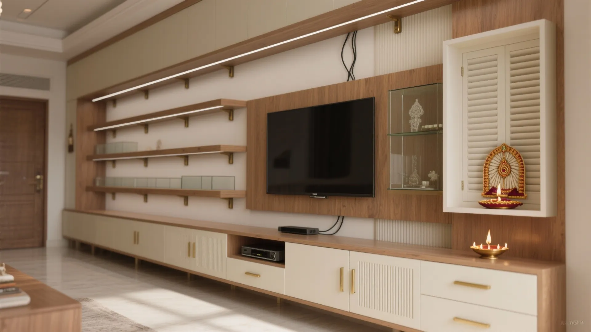 Modern living room with wooden wall shelves white television cabinet small prayer area and indoor lighting