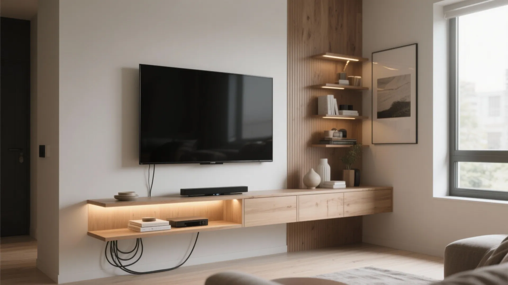 Modern living room with wall mounted television wooden floating cabinet and integrated warm light shelves
