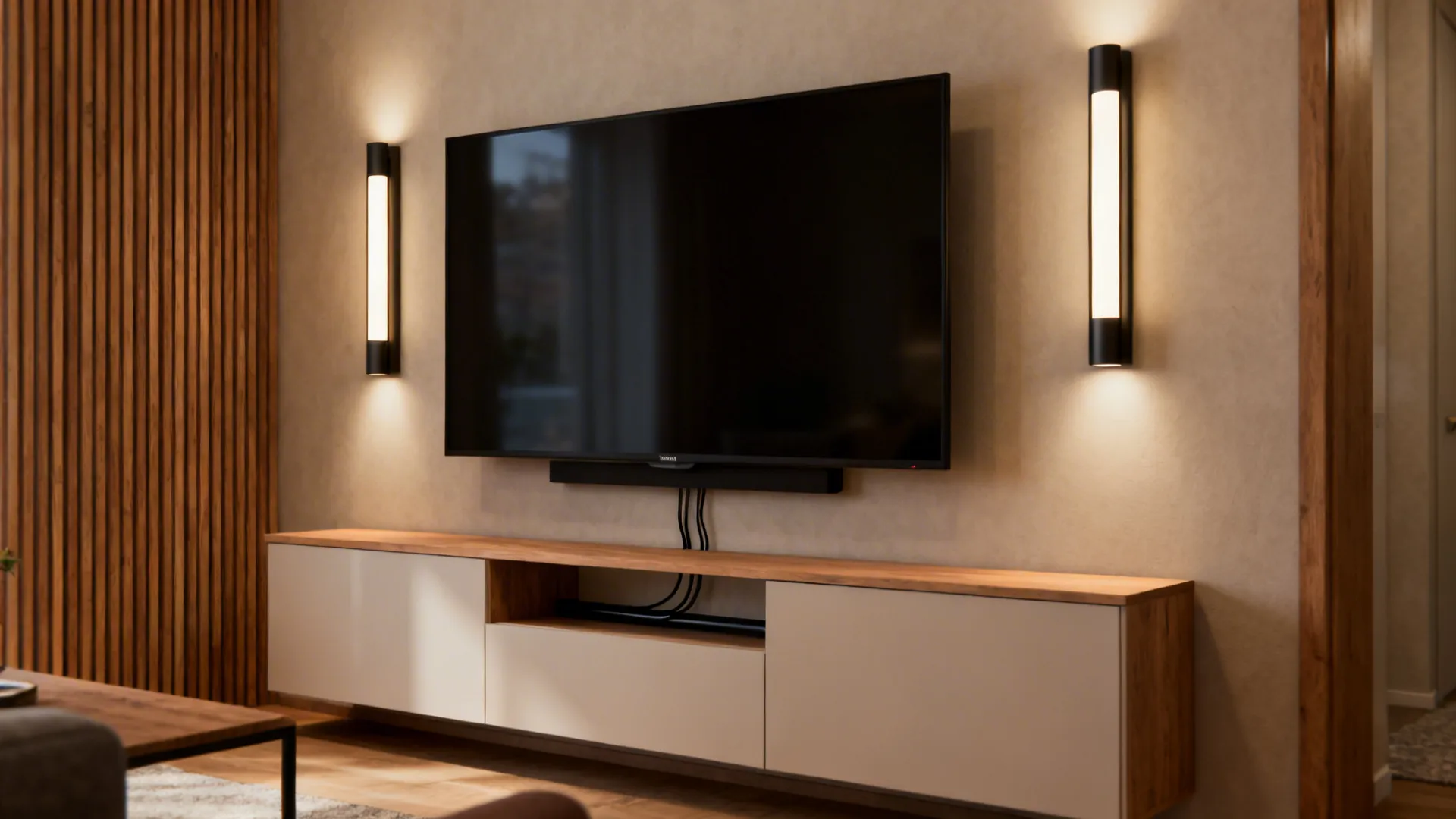 Wall-mounted TV with vertical wall lamps and concealed cables above a slim cabinet in a small living room.