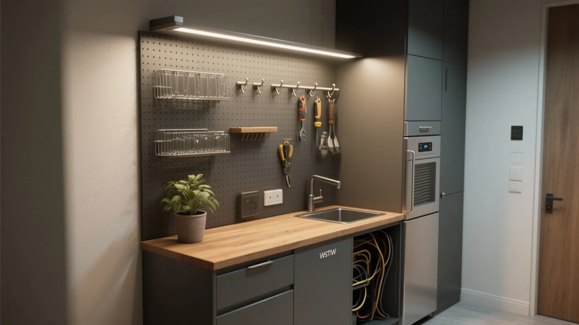 Slim vertical wall bar with pegboard, glass racks, hooks and a compact under-counter fridge.
