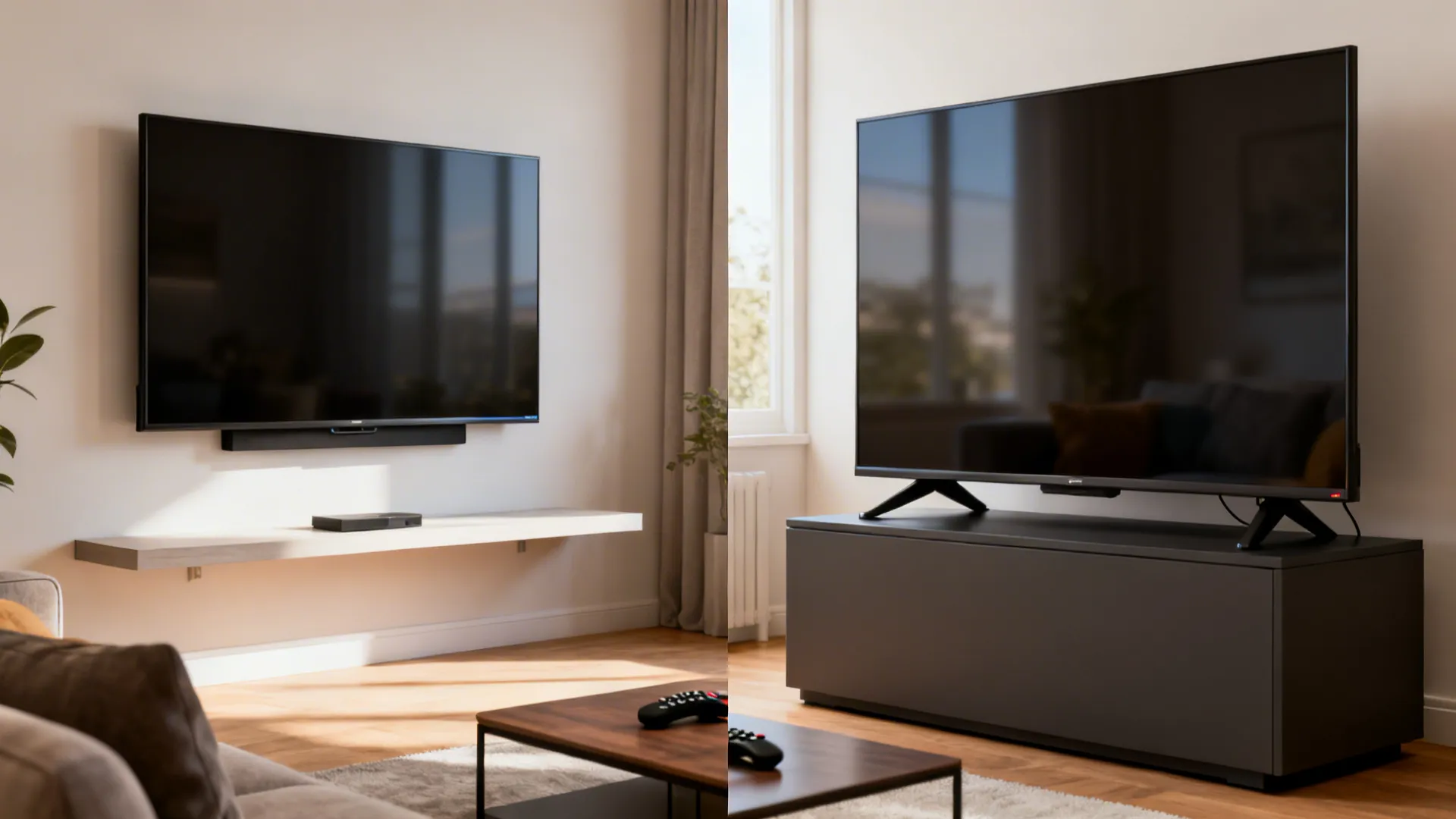 Before-and-after comparison of wall-mounted TV versus TV on a stand in a small living room