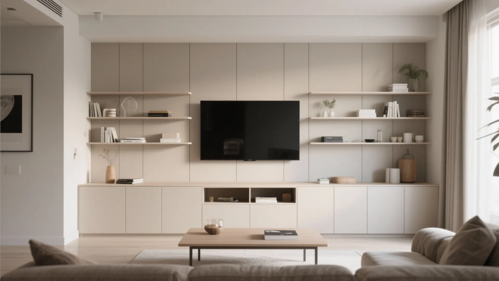 Modern living room featuring a large television mounted on beige wall panels with wooden shelves