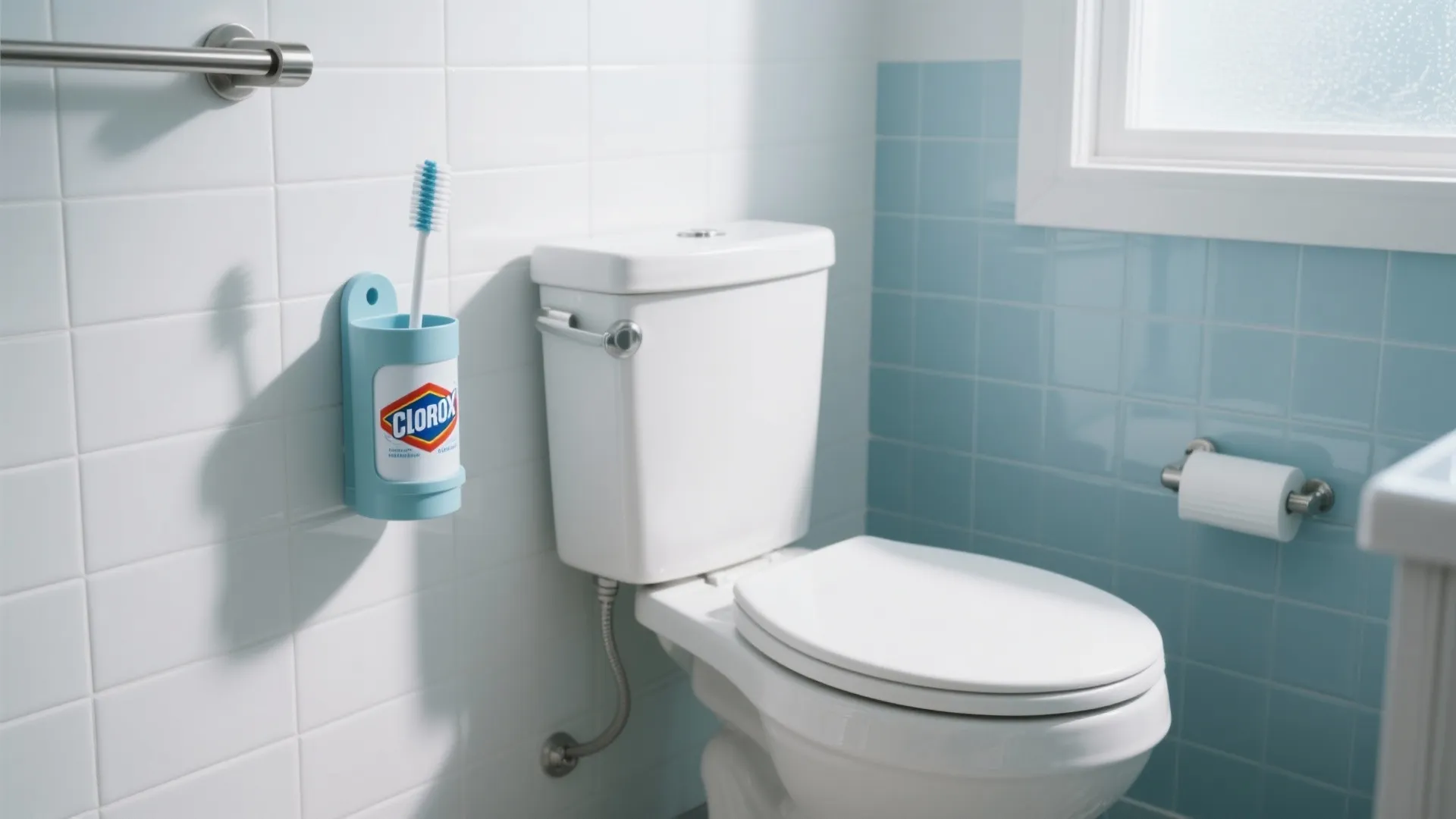 Modern bright white bathroom featuring a toilet and a cleaning wand mounted on tiled walls