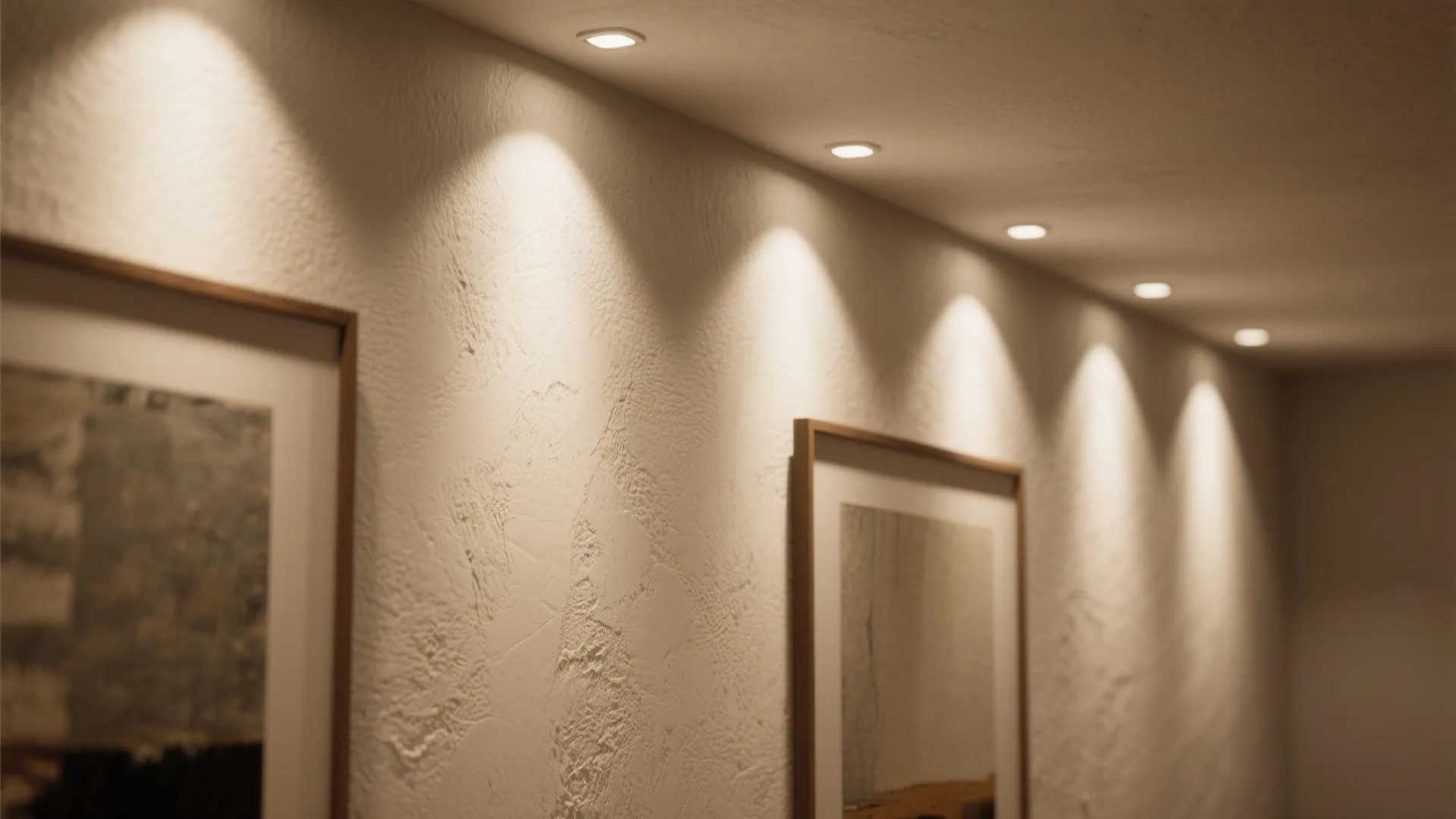 Textured white wall with warm light fixture highlights above framed art in a cozy hallway