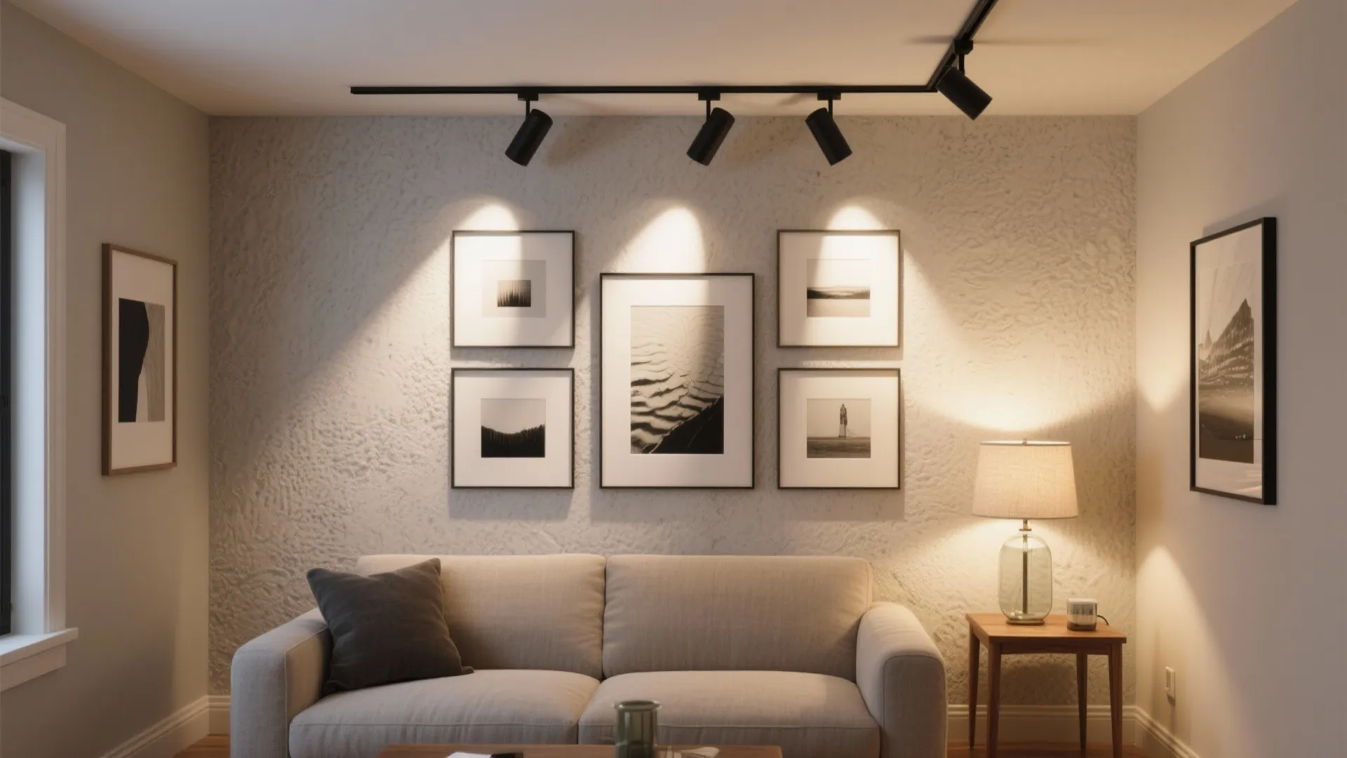 Modern living room featuring a grey sofa with track lighting illuminating several framed wall art pieces