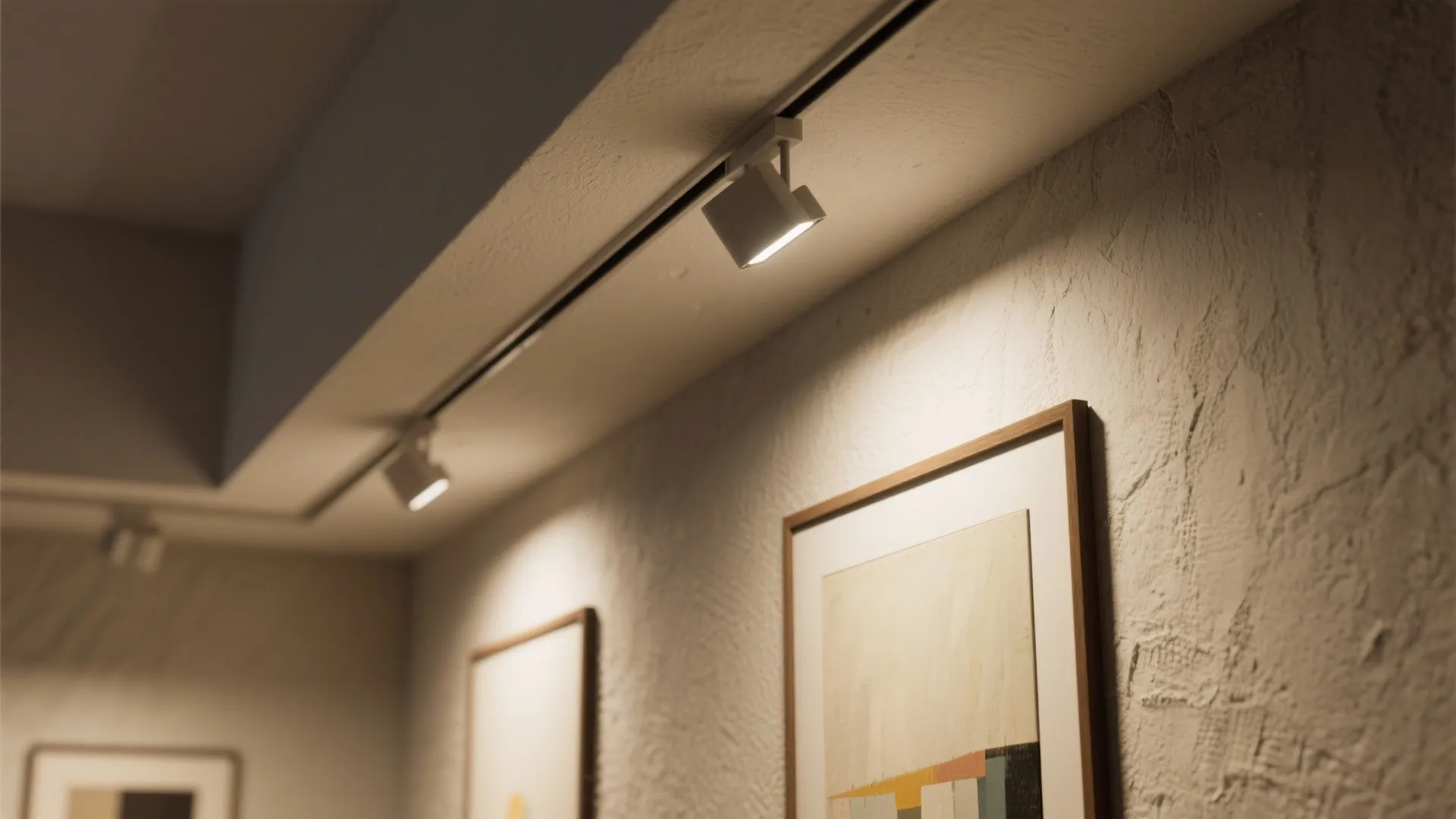 Modern ceiling track light fixture shining warm light on framed art pieces along white wall