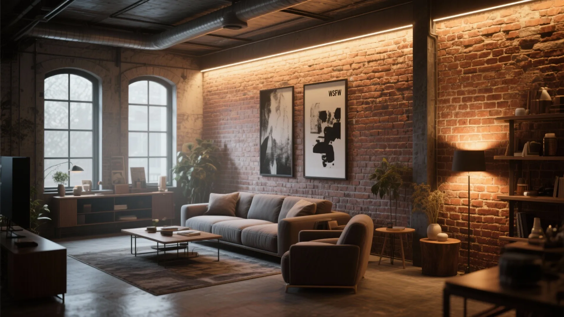 LED wall wash lighting highlighting brick texture and art