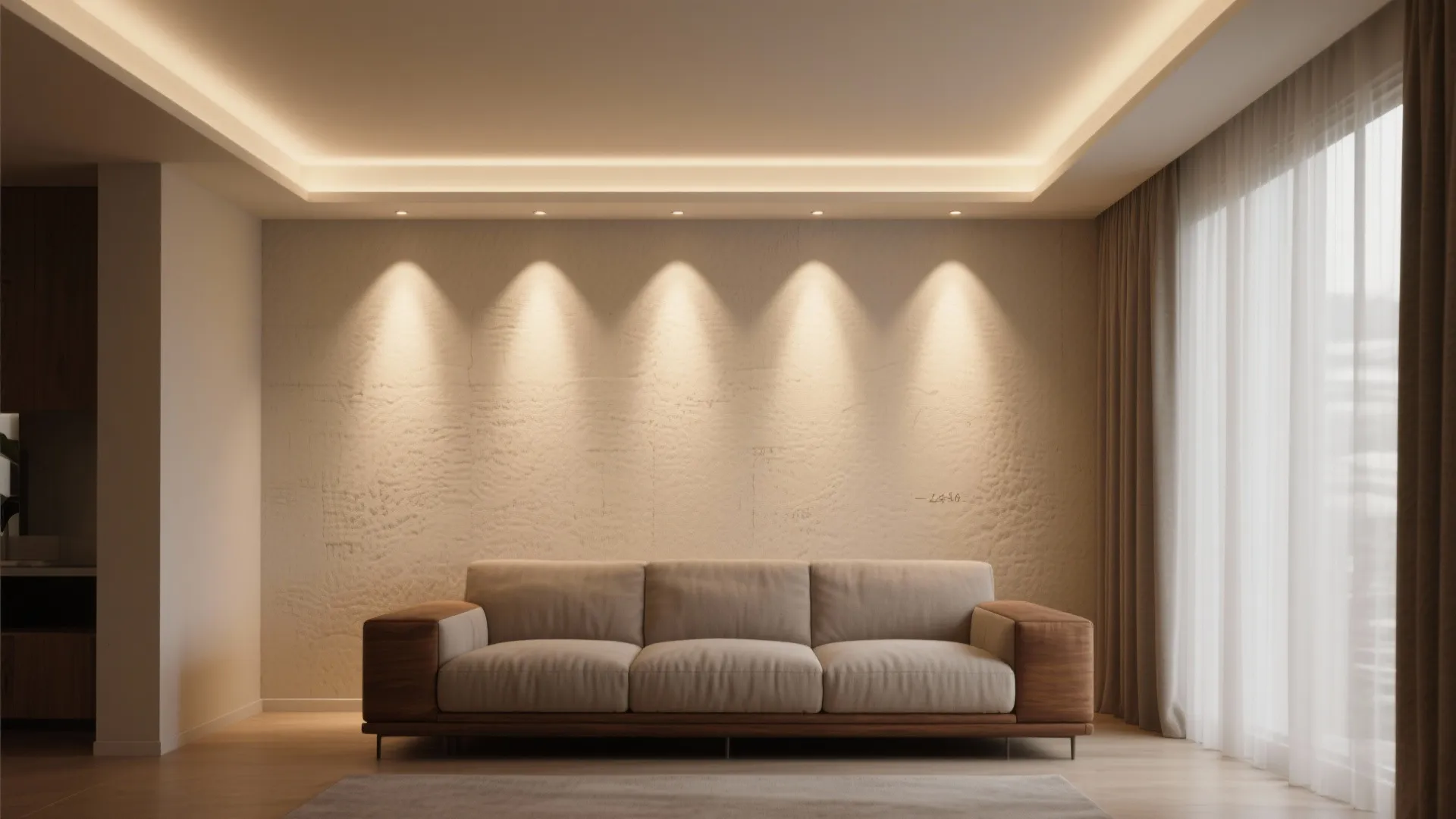 Modern living room with beige sofa and soft warm light fixture wall washing effect design