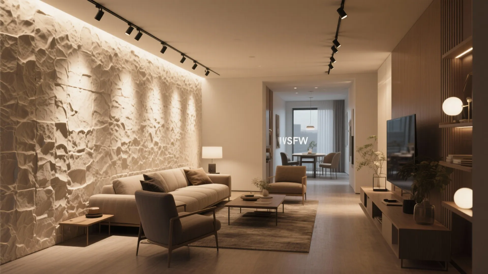 Wall-wash track lighting effect making a narrow living room appear wider