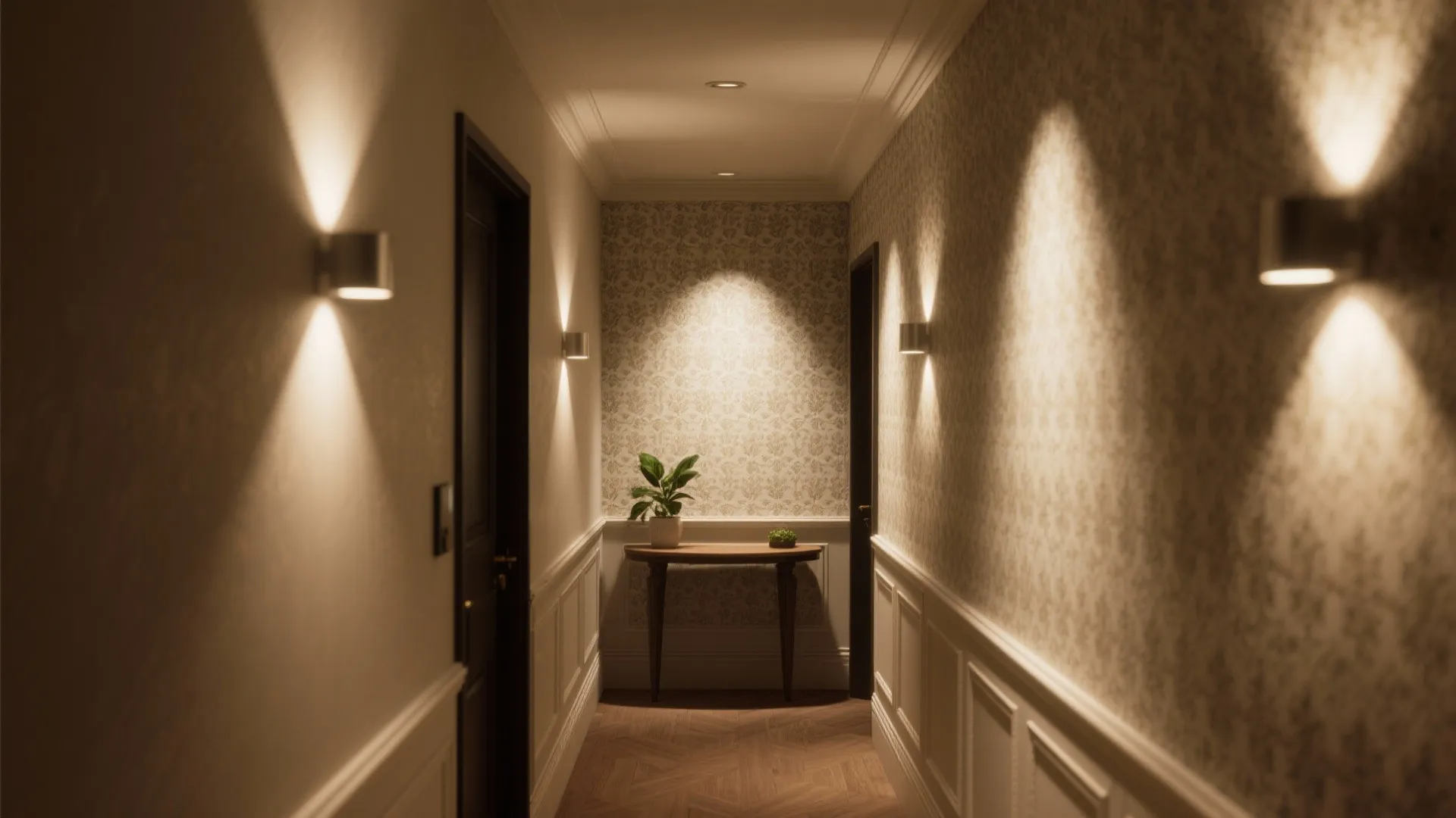 Narrow entryway with wall-wash recessed fixtures highlighting wallpaper and raising the ceiling feel.