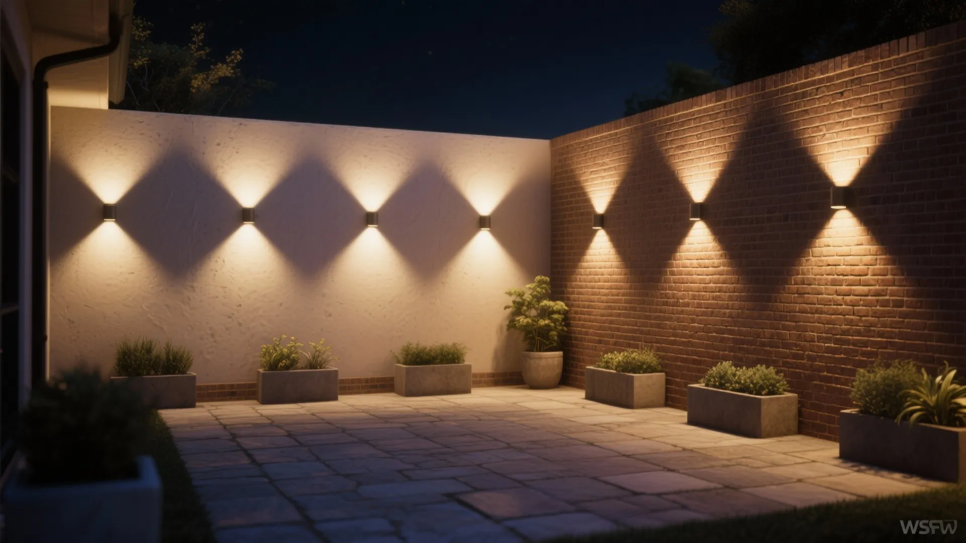 Courtyard with warm wall washing on stucco and grazing on brick to reveal texture without glare.
