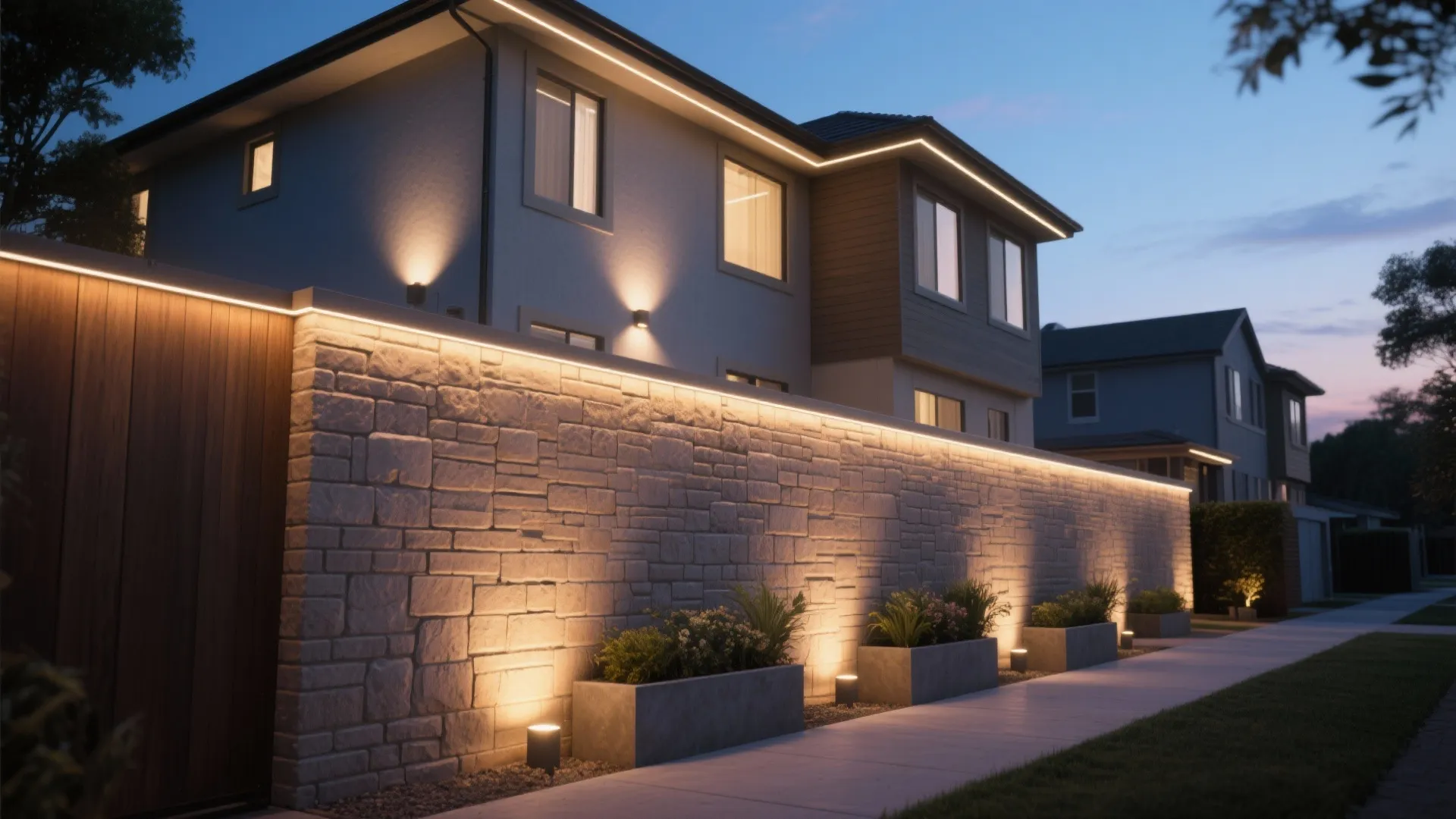 Modern house exterior at night with stone wall lights and garden path with small plants