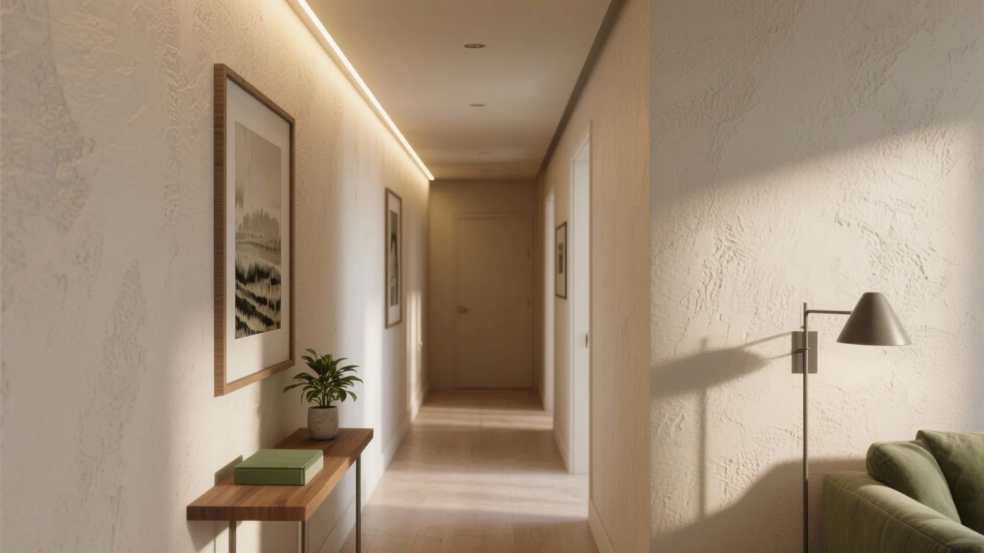 Modern hallway with warm wall lighting framed art wooden table small plant and green sofa