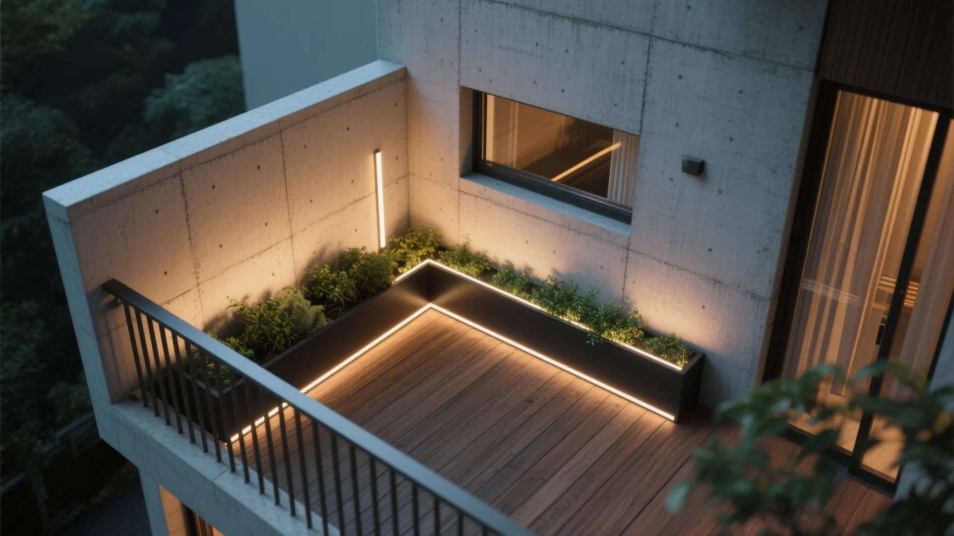 Modern concrete balcony design with built-in planters and warm LED strip lighting on wood flooring