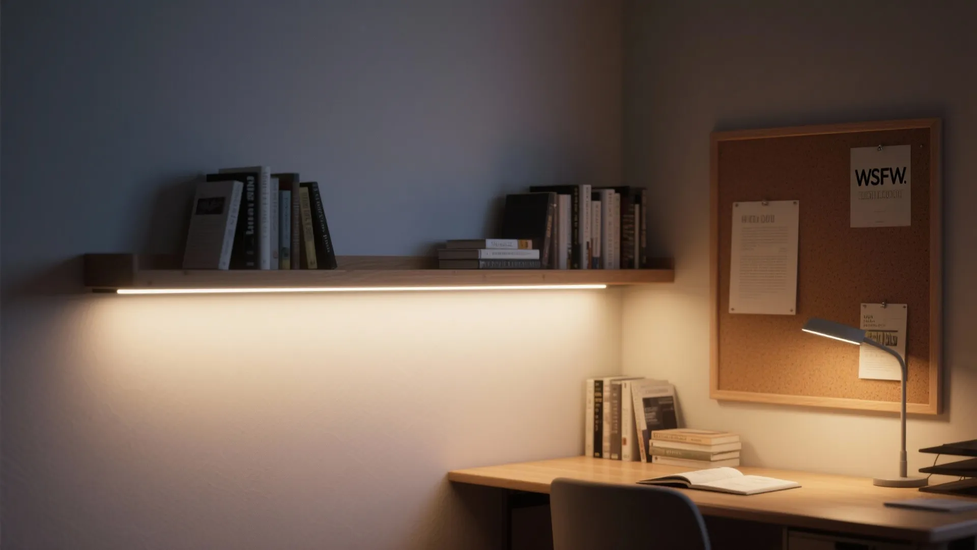 Minimalist study space with wooden wall shelf books warm light fixture and desk with corkboard