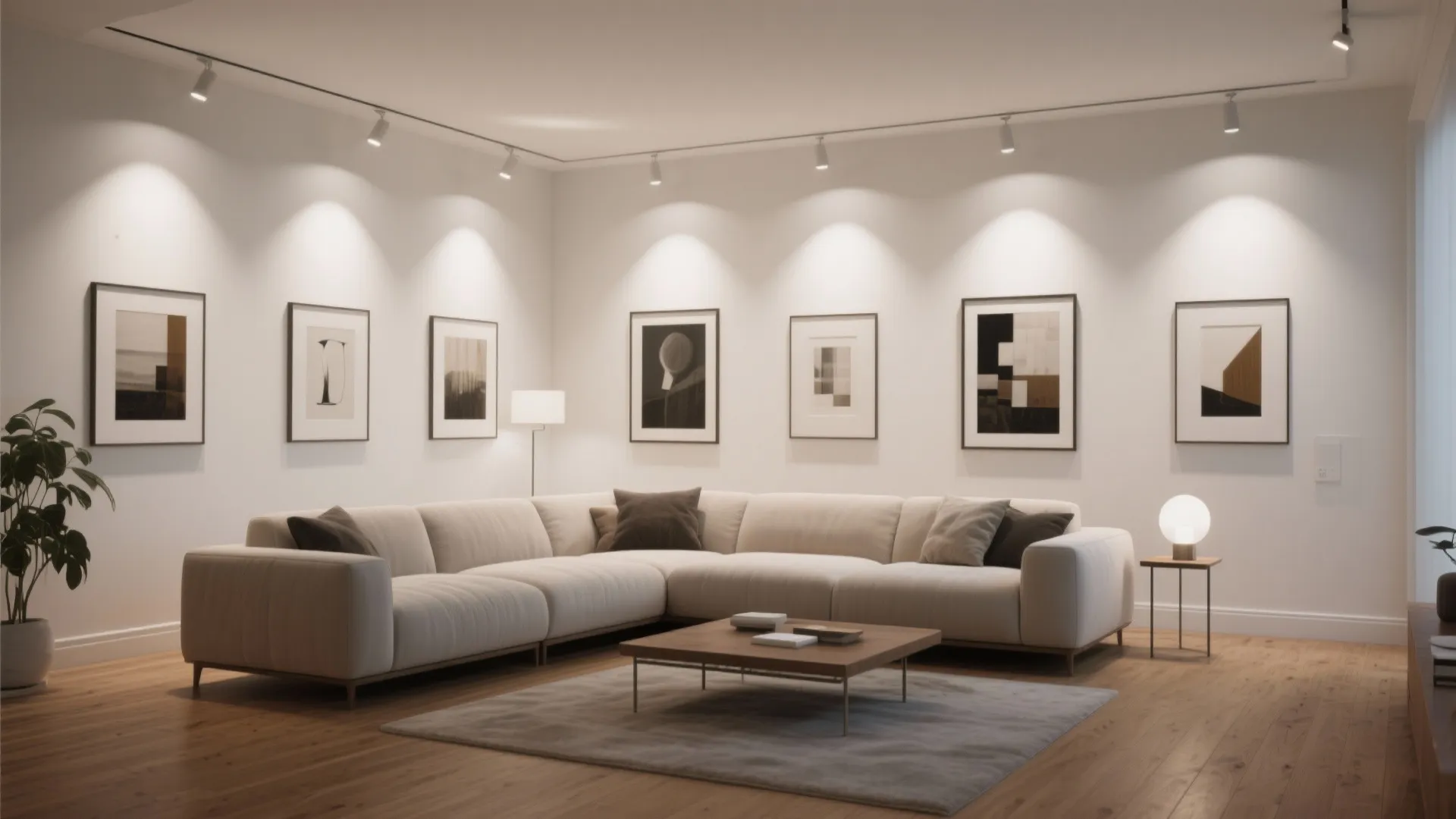 Wall-wash recessed lighting on artwork in a modern living room