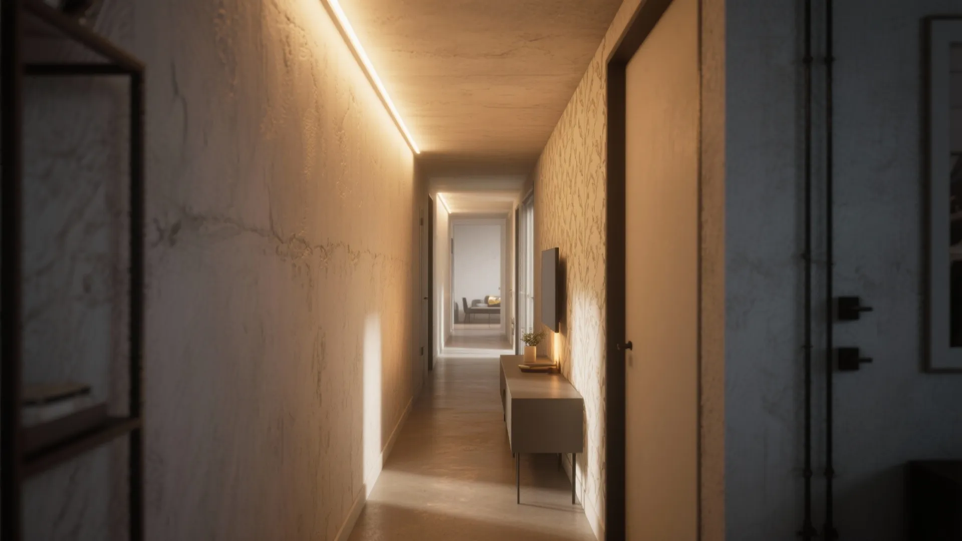 Long narrow hallway with warm light fixture on textured wall wooden floor and small cabinet