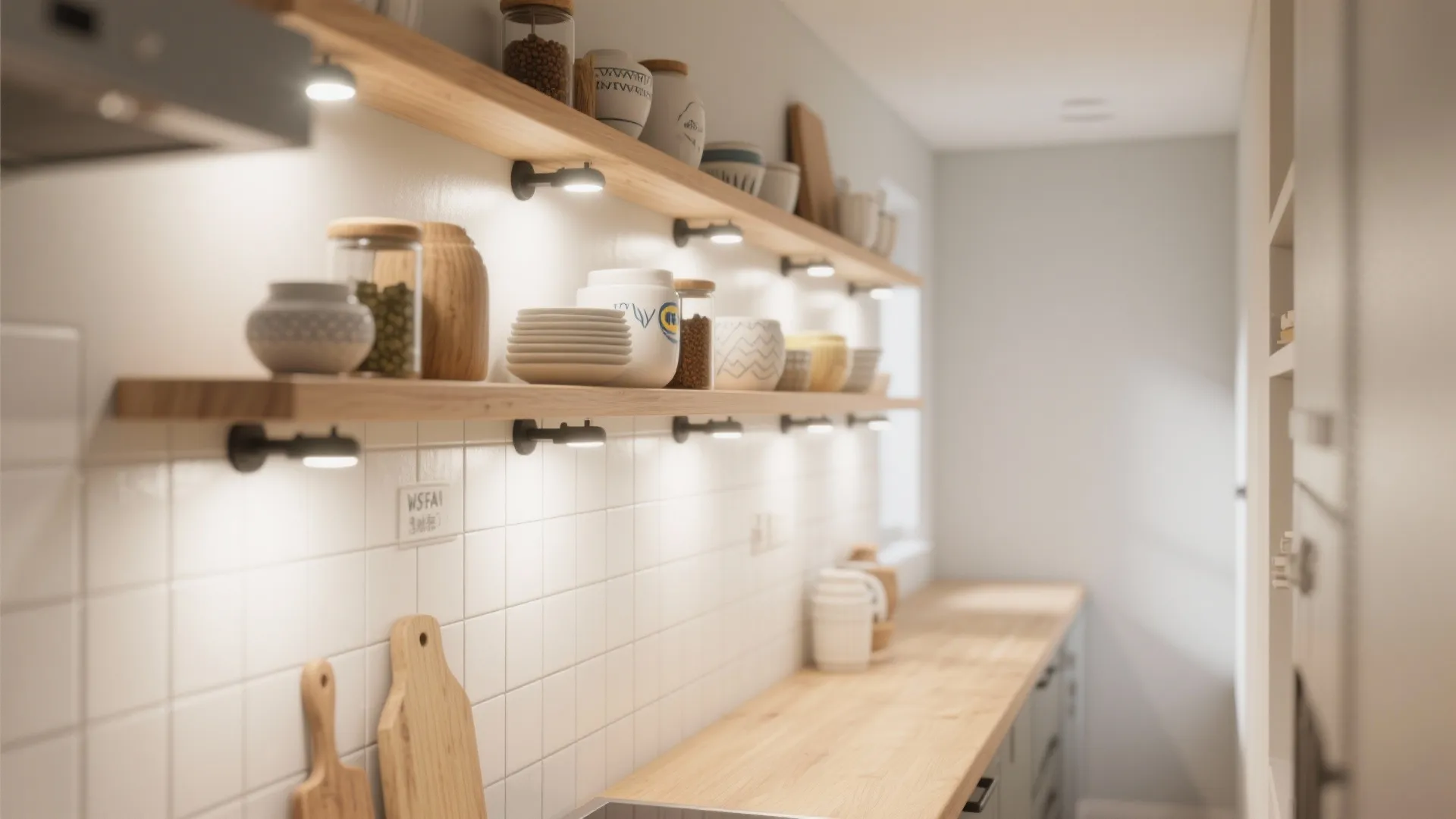 Layered lighting with wall washers for open shelving